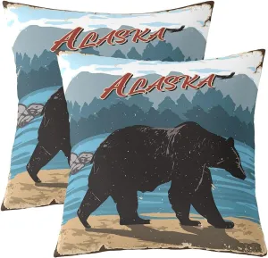 Homewish Black Bear Pillow Covers Watercolor Blue Lake Gradient Mountain Cushion Cases for Kids Teens Adults Jungle Wild Animal Adventure Cabin Cushion Covers for Living Room Sofa 24x24 Inch Set of 2