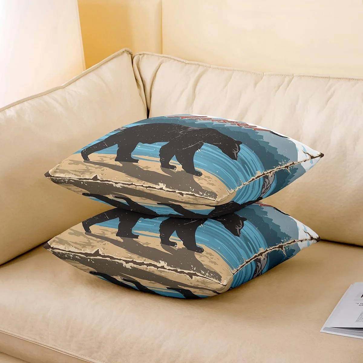 Homewish Black Bear Pillow Covers Watercolor Blue Lake Gradient Mountain Cushion Cases for Kids Teens Adults Jungle Wild Animal Adventure Cabin Cushion Covers for Living Room Sofa 24x24 Inch Set of 2