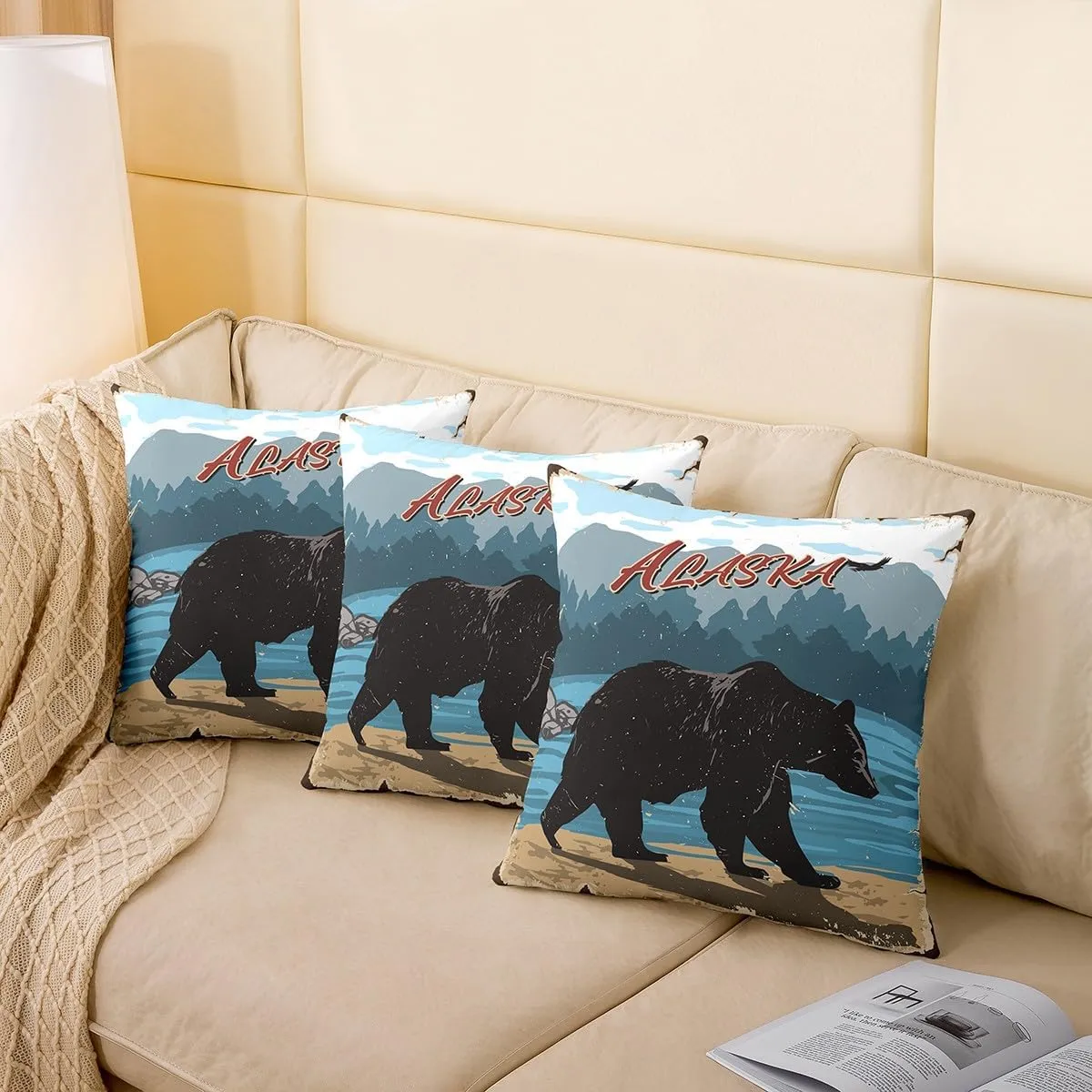 Homewish Black Bear Pillow Covers Watercolor Blue Lake Gradient Mountain Cushion Cases for Kids Teens Adults Jungle Wild Animal Adventure Cabin Cushion Covers for Living Room Sofa 24x24 Inch Set of 2