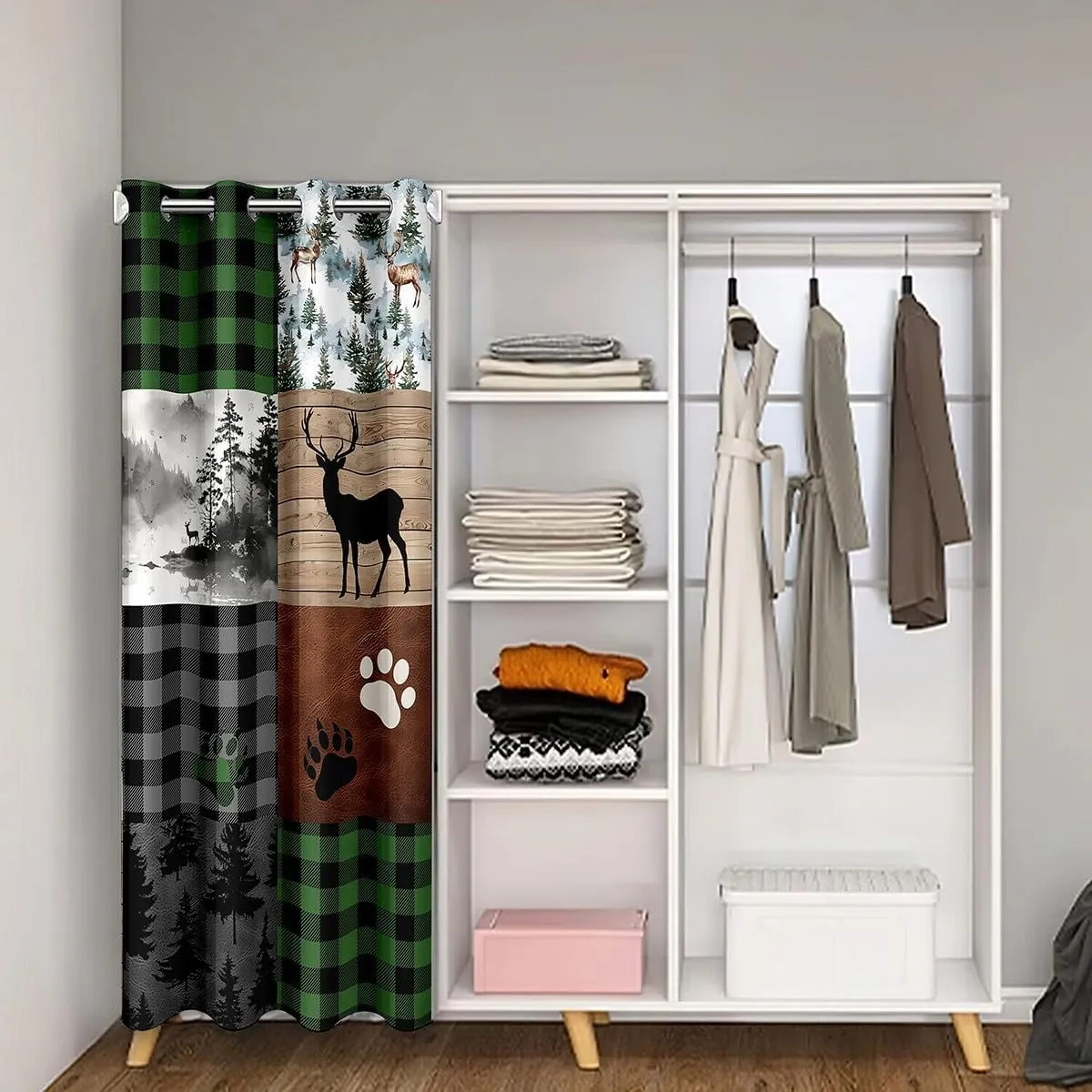 Homewish Jungle Cabin Doorway Curtain 52" W X 84" L Retro Green Black Gray Plaid Rustic Farmhouse Door Curtain for Kids Teens Adults Deer Bear Wild Animals Grid Curtain Drape for Bedroom Privacy