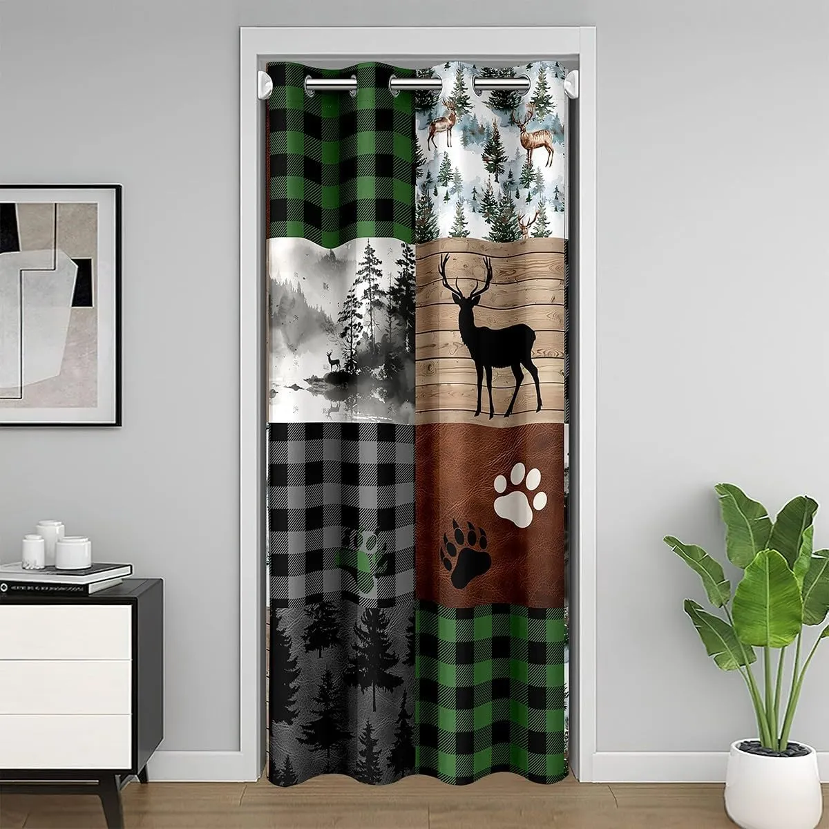 Homewish Jungle Cabin Doorway Curtain 52" W X 84" L Retro Green Black Gray Plaid Rustic Farmhouse Door Curtain for Kids Teens Adults Deer Bear Wild Animals Grid Curtain Drape for Bedroom Privacy