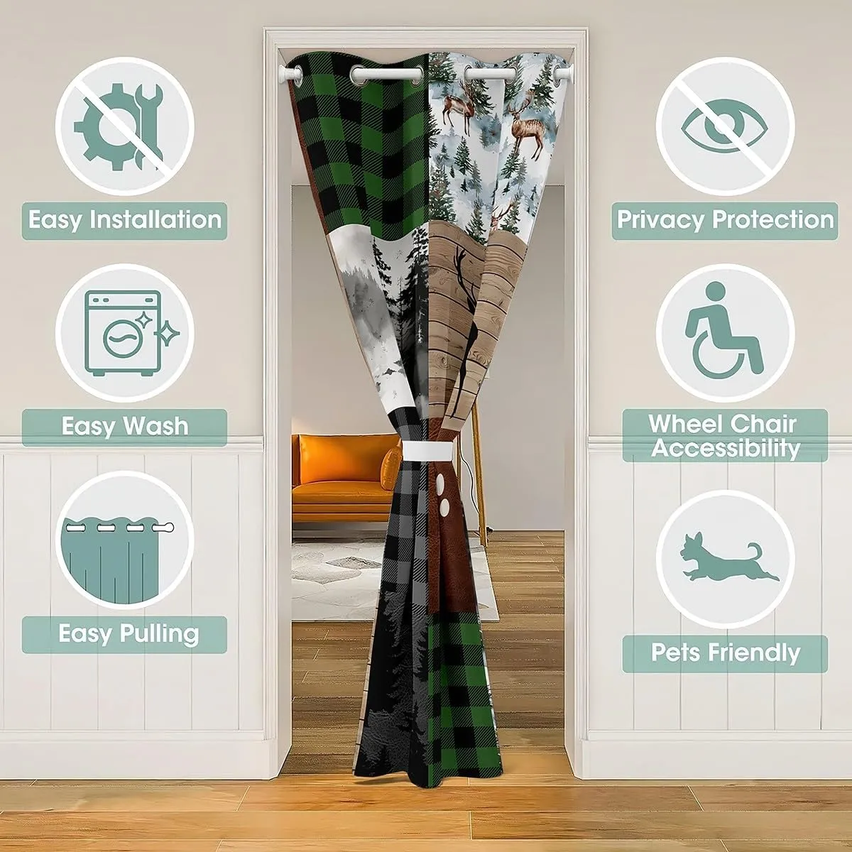 Homewish Jungle Cabin Doorway Curtain 52" W X 84" L Retro Green Black Gray Plaid Rustic Farmhouse Door Curtain for Kids Teens Adults Deer Bear Wild Animals Grid Curtain Drape for Bedroom Privacy