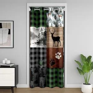 Homewish Jungle Cabin Doorway Curtain 52" W X 84" L Retro Green Black Gray Plaid Rustic Farmhouse Door Curtain for Kids Teens Adults Deer Bear Wild Animals Grid Curtain Drape for Bedroom Privacy
