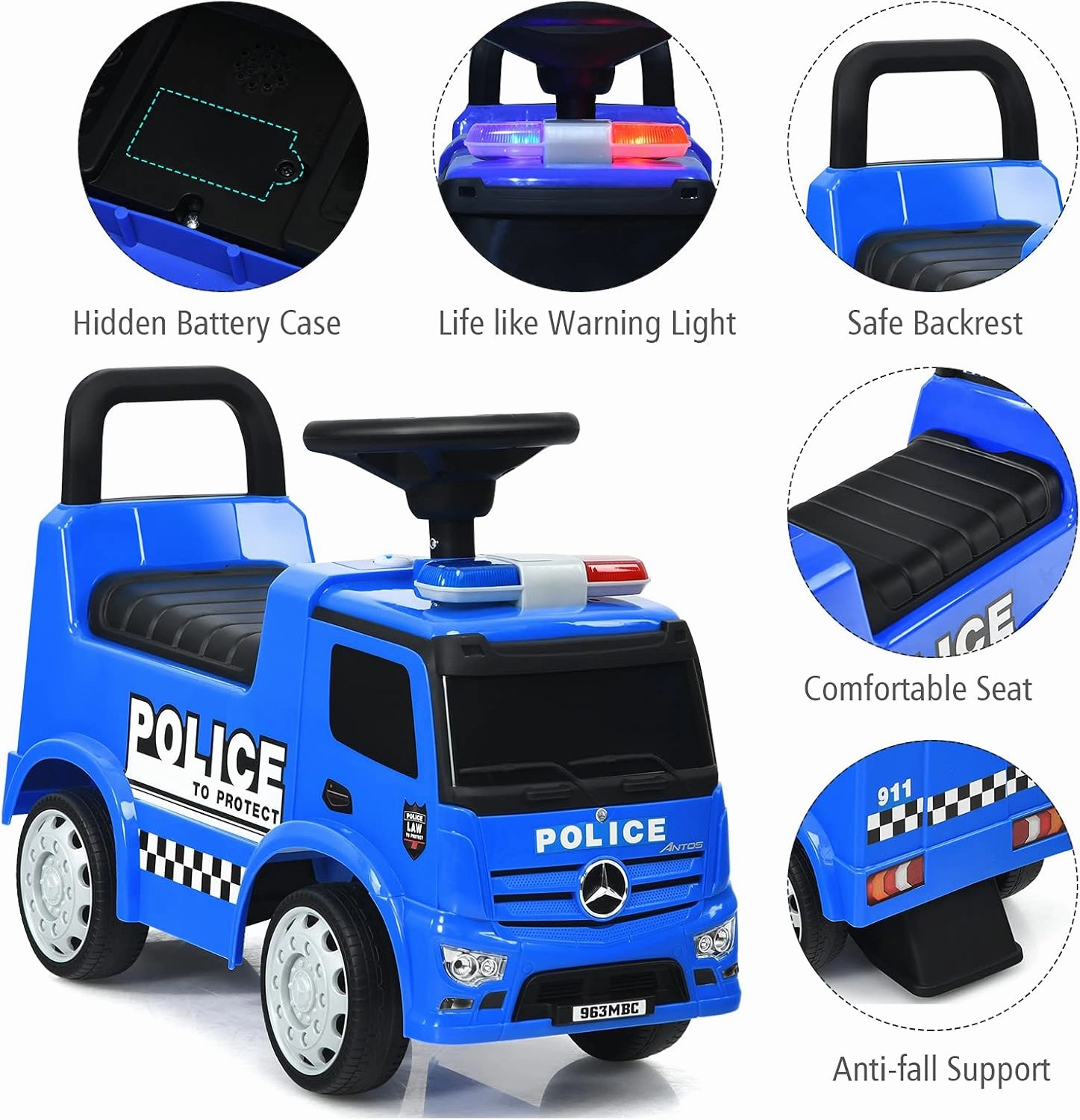 HONEY JOY Ride On Push Car, Licensed Mercedes Benz Push Cars for Toddlers w/Horn, Music, Lights, Under Seat Storage, Foot-to-Floor Ride On Fire Truck Toy for Kids Boys Girls 1-3, Blue