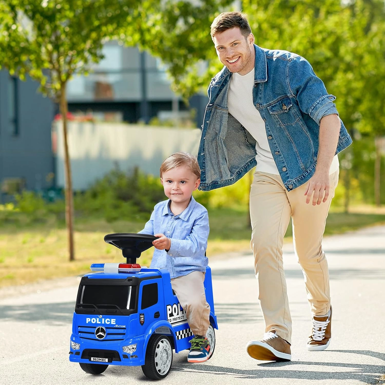 HONEY JOY Ride On Push Car, Licensed Mercedes Benz Push Cars for Toddlers w/Horn, Music, Lights, Under Seat Storage, Foot-to-Floor Ride On Fire Truck Toy for Kids Boys Girls 1-3, Blue
