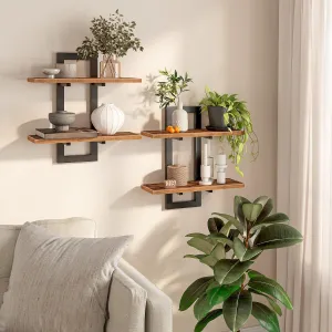 HOOBRO Floating Shelves, 15 Inch Wall Shelf Set of 2, Wall Mounted Storage Shelves 2-Tier, Hanging Bathroom Shelves, for Living Room, Bedroom, Bathroom, Kitchen, Rustic Brown and Black BF32BJ01