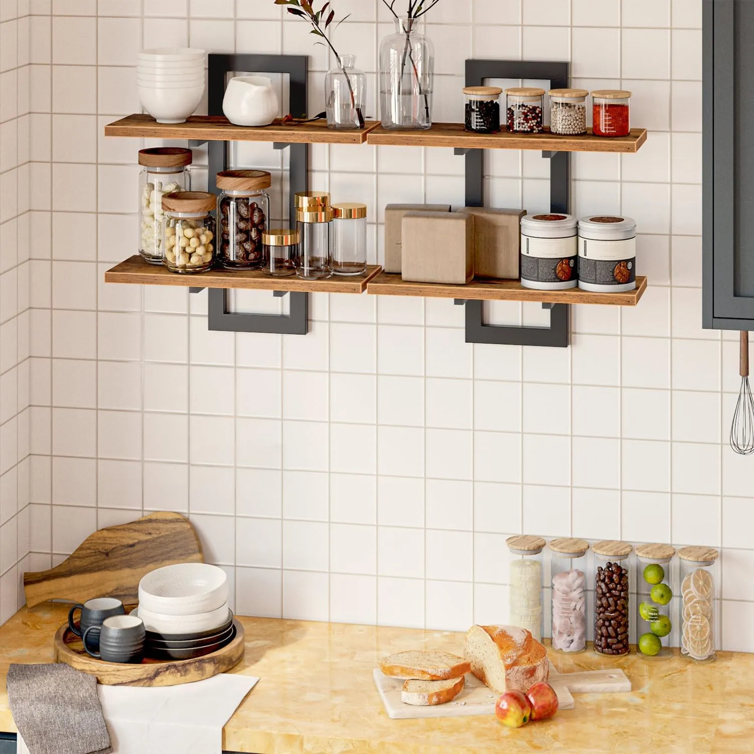 HOOBRO Floating Shelves, 15 Inch Wall Shelf Set of 2, Wall Mounted Storage Shelves 2-Tier, Hanging Bathroom Shelves, for Living Room, Bedroom, Bathroom, Kitchen, Rustic Brown and Black BF32BJ01