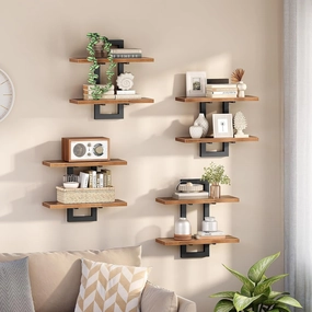 HOOBRO Floating Shelves, 15 Inch Wall Shelf Set of 4, Wall Mounted Storage Shelves 2-Tier, Hanging Bathroom Shelves, for Living Room, Bedroom, Bathroom, Kitchen, Rustic Brown and Black BF32BJP401