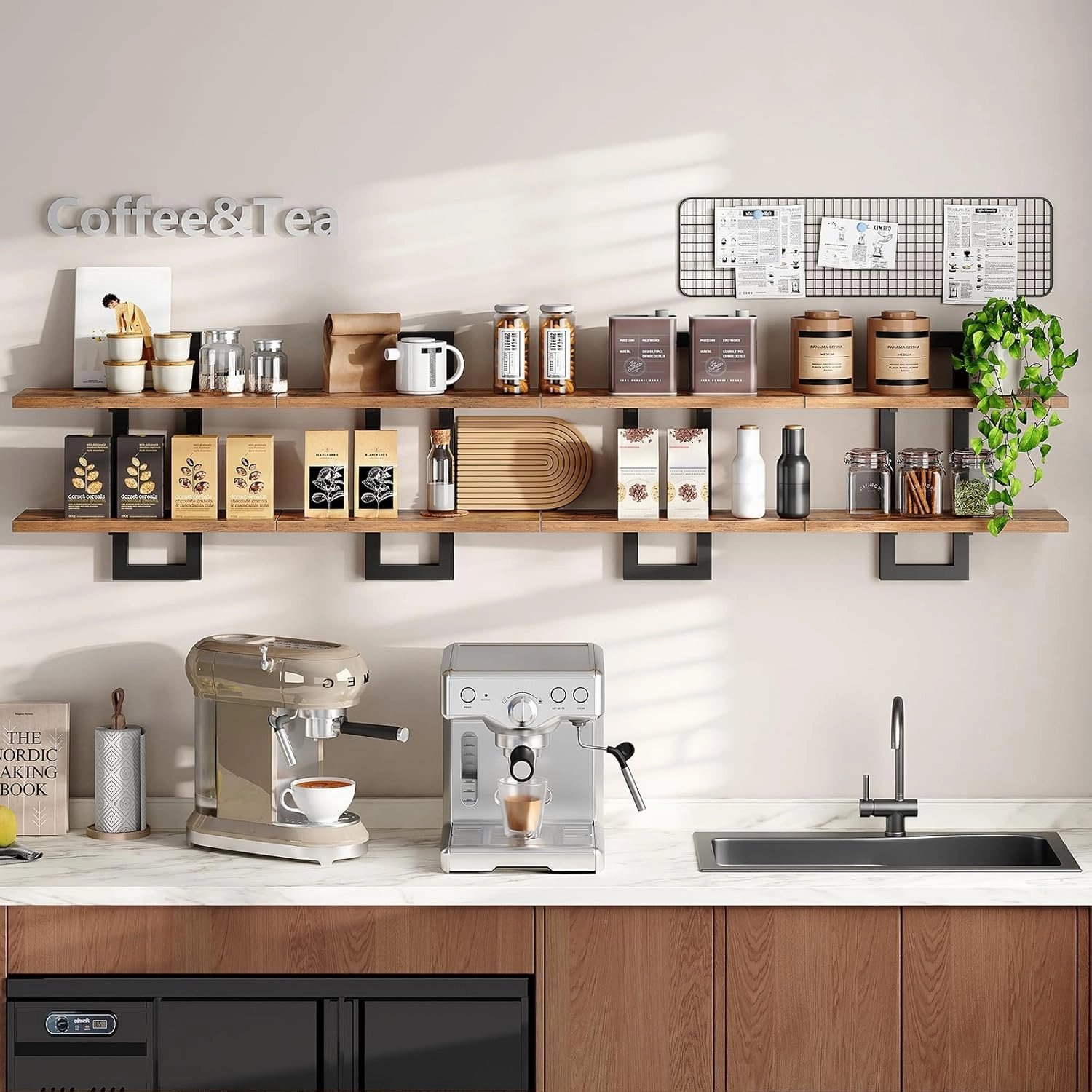 HOOBRO Floating Shelves, 15 Inch Wall Shelf Set of 4, Wall Mounted Storage Shelves 2-Tier, Hanging Bathroom Shelves, for Living Room, Bedroom, Bathroom, Kitchen, Rustic Brown and Black BF32BJP401