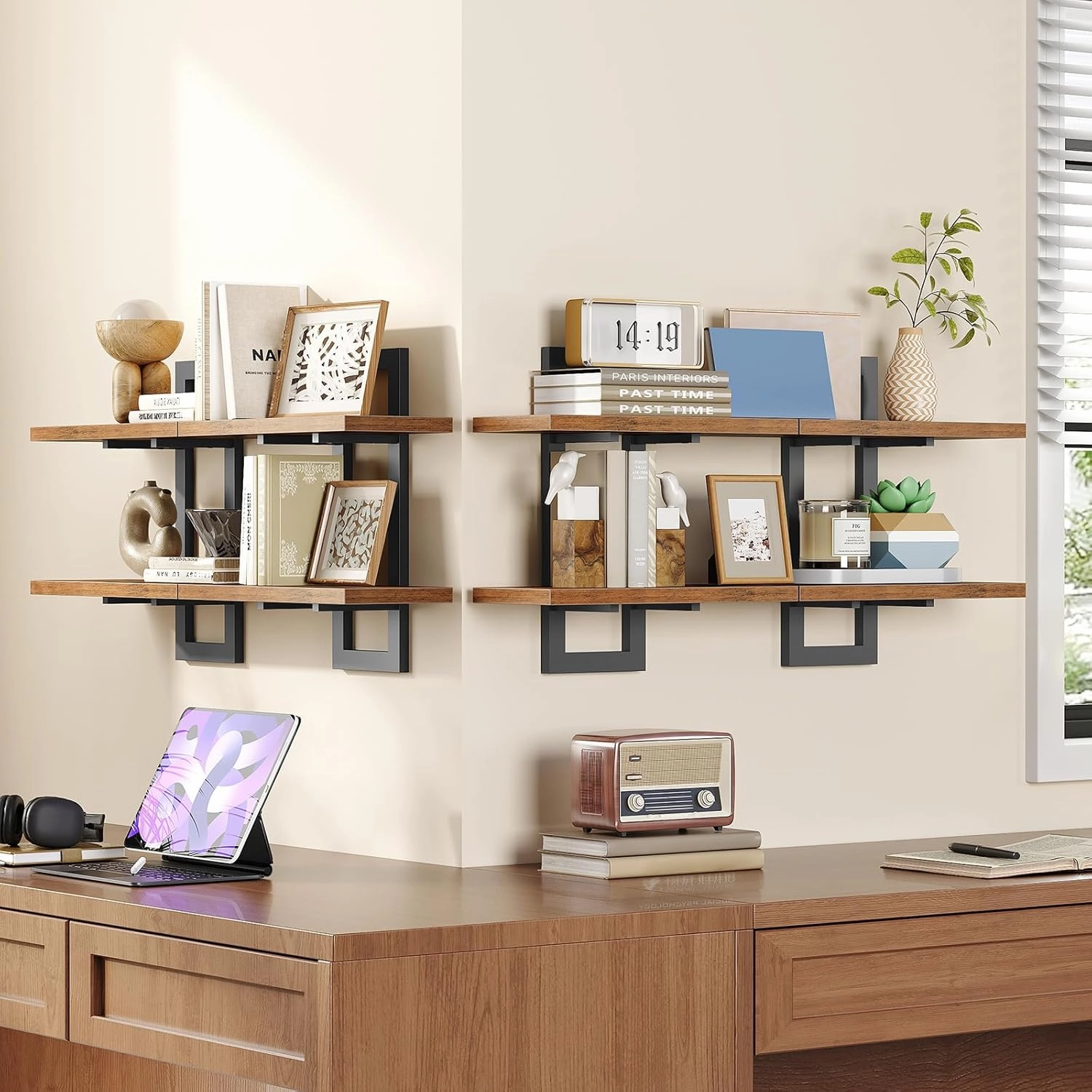 HOOBRO Floating Shelves, 15 Inch Wall Shelf Set of 4, Wall Mounted Storage Shelves 2-Tier, Hanging Bathroom Shelves, for Living Room, Bedroom, Bathroom, Kitchen, Rustic Brown and Black BF32BJP401