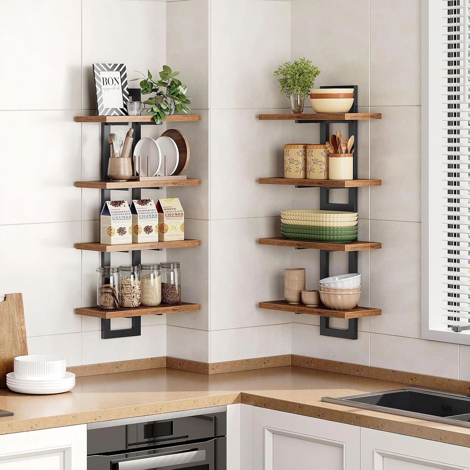 HOOBRO Floating Shelves, 15 Inch Wall Shelf Set of 4, Wall Mounted Storage Shelves 2-Tier, Hanging Bathroom Shelves, for Living Room, Bedroom, Bathroom, Kitchen, Rustic Brown and Black BF32BJP401