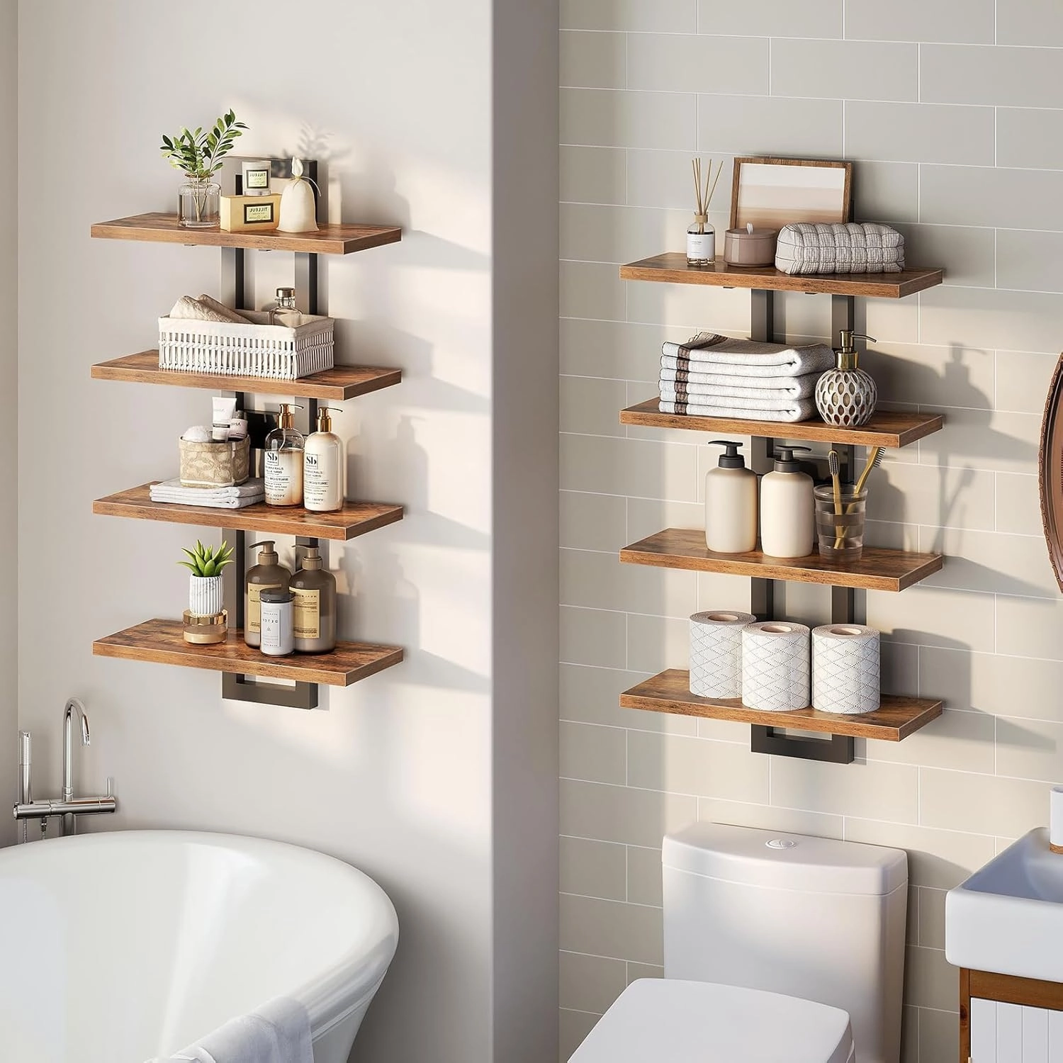 HOOBRO Floating Shelves, 15 Inch Wall Shelf Set of 4, Wall Mounted Storage Shelves 2-Tier, Hanging Bathroom Shelves, for Living Room, Bedroom, Bathroom, Kitchen, Rustic Brown and Black BF32BJP401