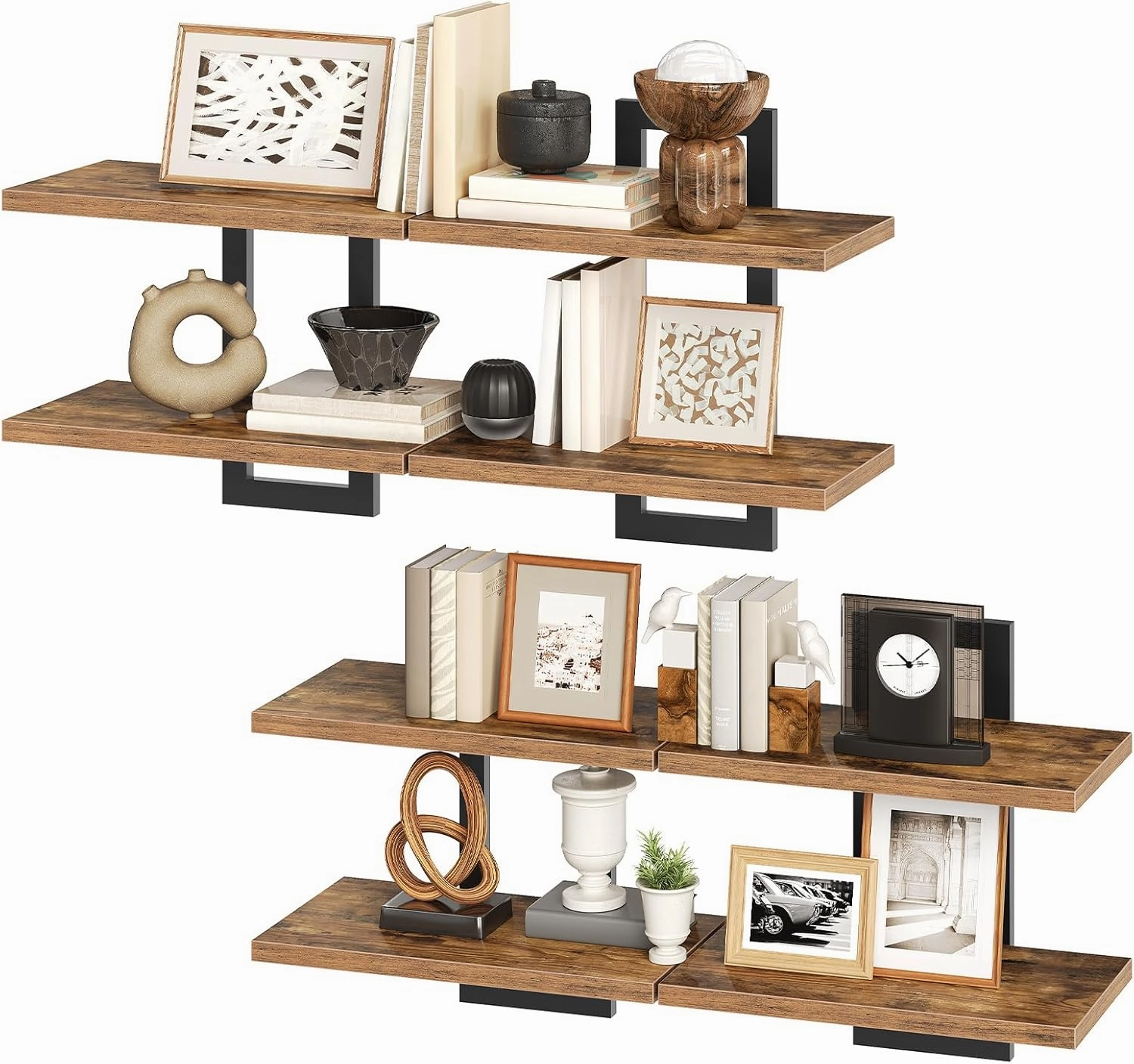 HOOBRO Floating Shelves, 15 Inch Wall Shelf Set of 4, Wall Mounted Storage Shelves 2-Tier, Hanging Bathroom Shelves, for Living Room, Bedroom, Bathroom, Kitchen, Rustic Brown and Black BF32BJP401