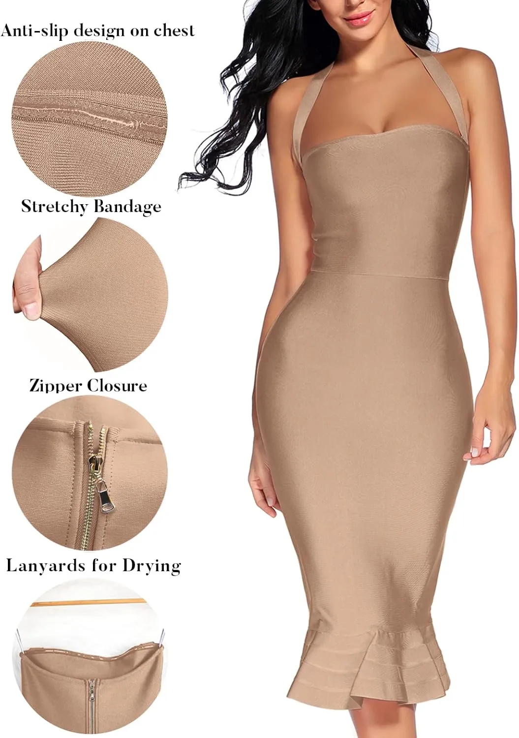 houstil Women's V Neck Halter Fishtail Bandage Bodycon Dress Party