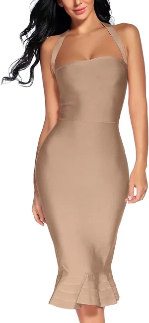 houstil Women's V Neck Halter Fishtail Bandage Bodycon Dress Party