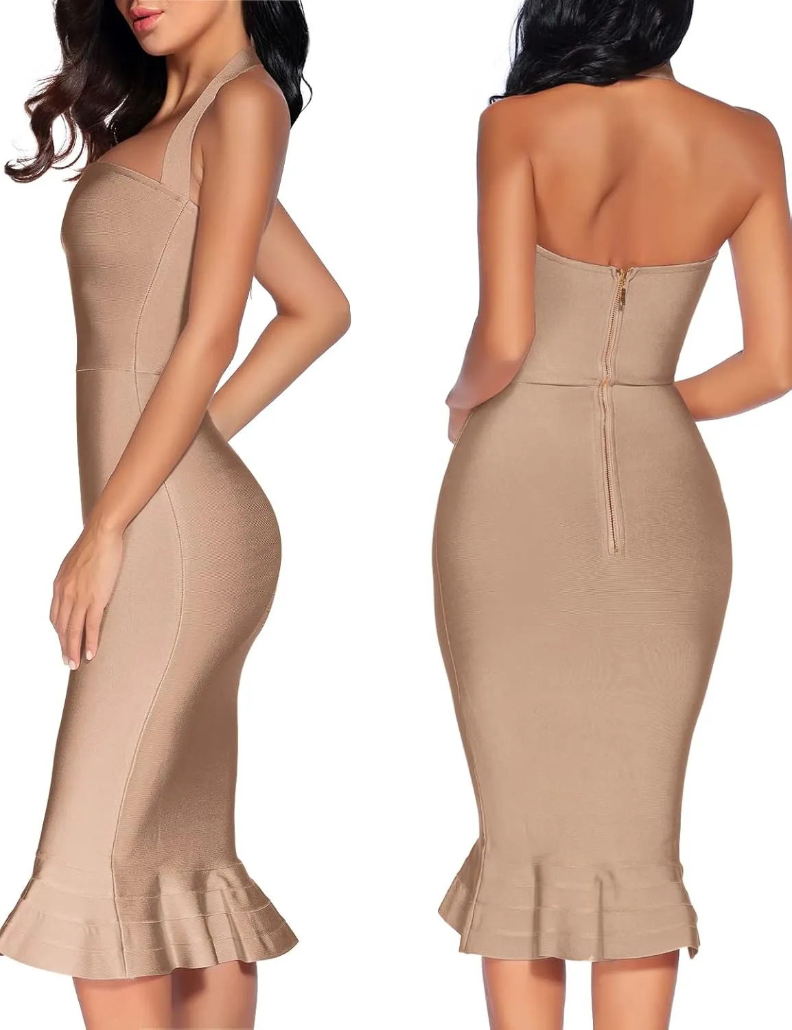 houstil Women's V Neck Halter Fishtail Bandage Bodycon Dress Party