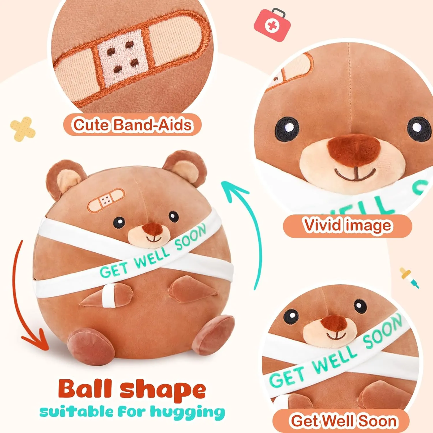 Houwsbaby 12" Brown Get Well Soon Teddy Bear Plush Pillow,Get Well Soon Bear Stuffed Animal, Broken Arm Bandage Bear Plush for Kids Boys Girls Adult After Surgery Presents