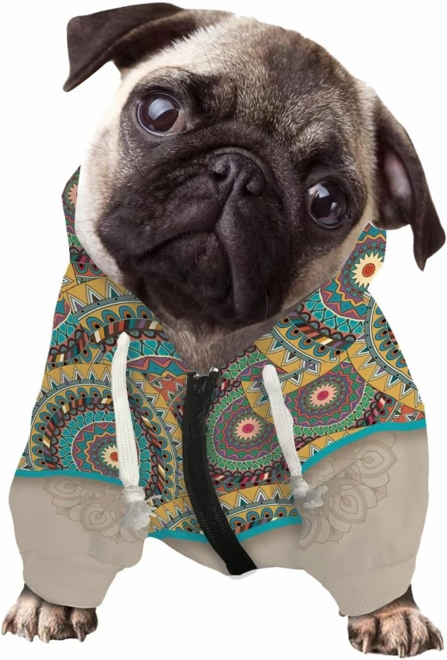 Howilath Boho Mandala Dog Hoodie Sweatshirts Winter Coat with Pockets, Warm Dog Paw Print Pet Clothing Hooded Shirts - L