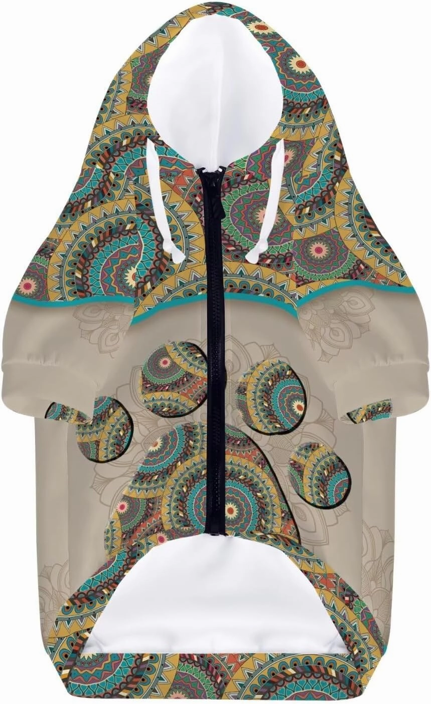 Howilath Boho Mandala Dog Hoodie Sweatshirts Winter Coat with Pockets, Warm Dog Paw Print Pet Clothing Hooded Shirts - L