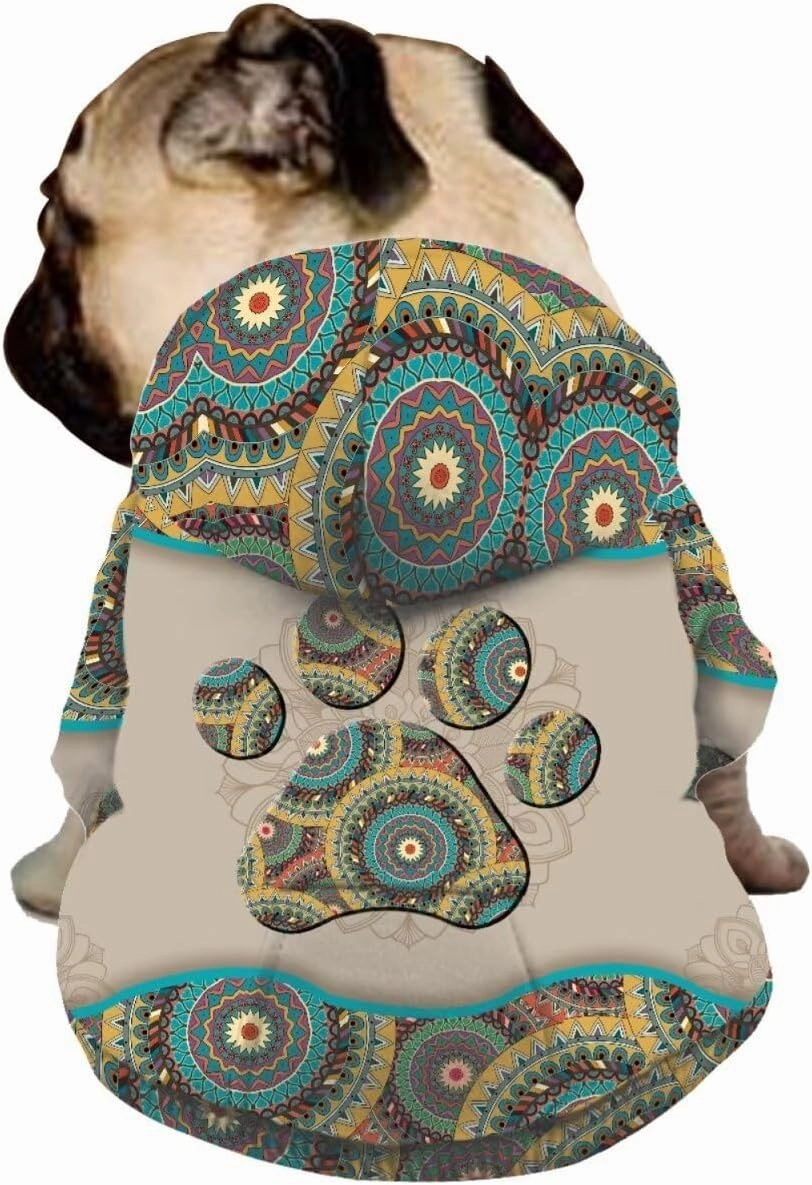 Howilath Boho Mandala Dog Hoodie Sweatshirts Winter Coat with Pockets, Warm Dog Paw Print Pet Clothing Hooded Shirts - L