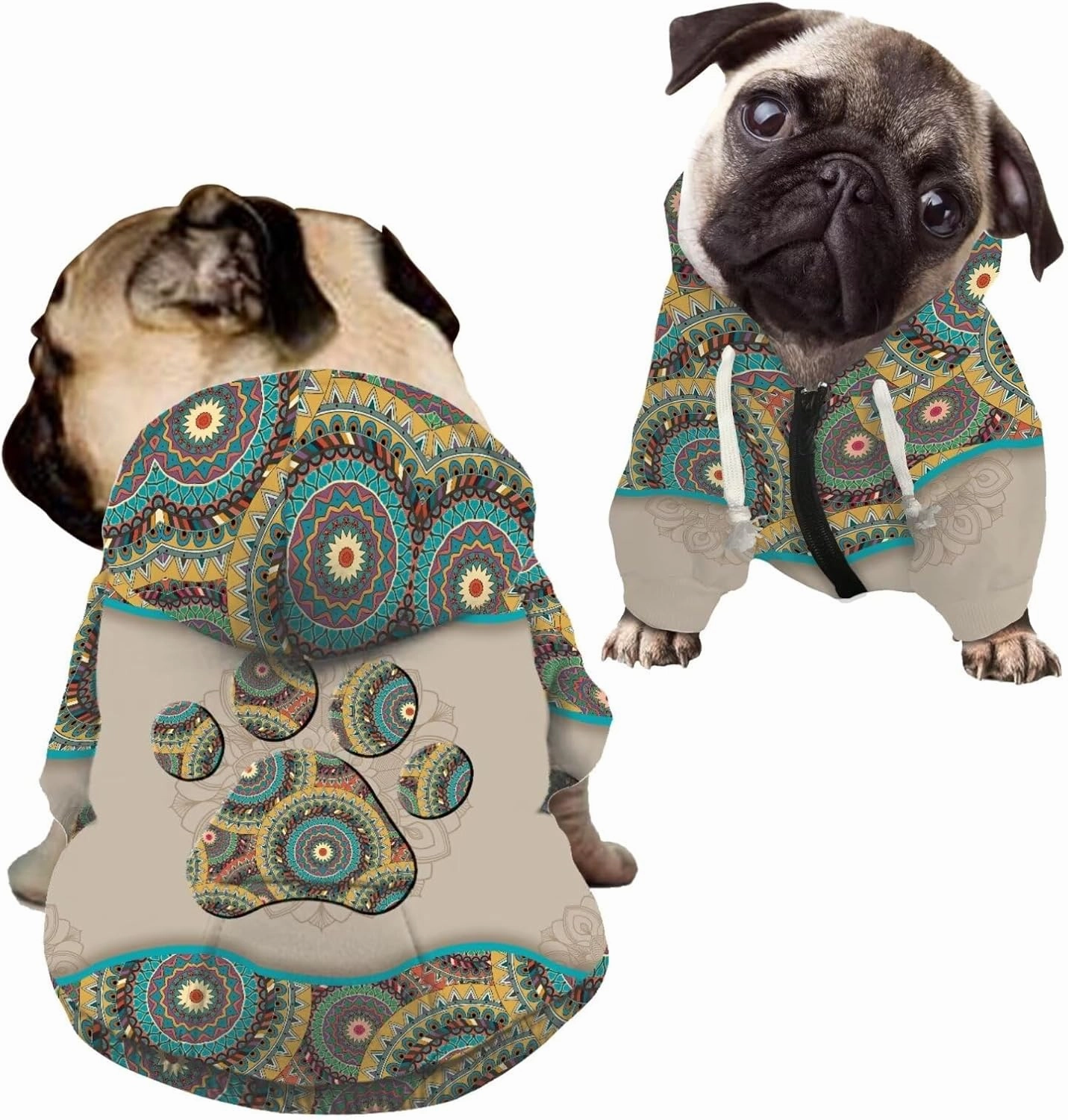 Howilath Boho Mandala Dog Hoodie Sweatshirts Winter Coat with Pockets, Warm Dog Paw Print Pet Clothing Hooded Shirts - L