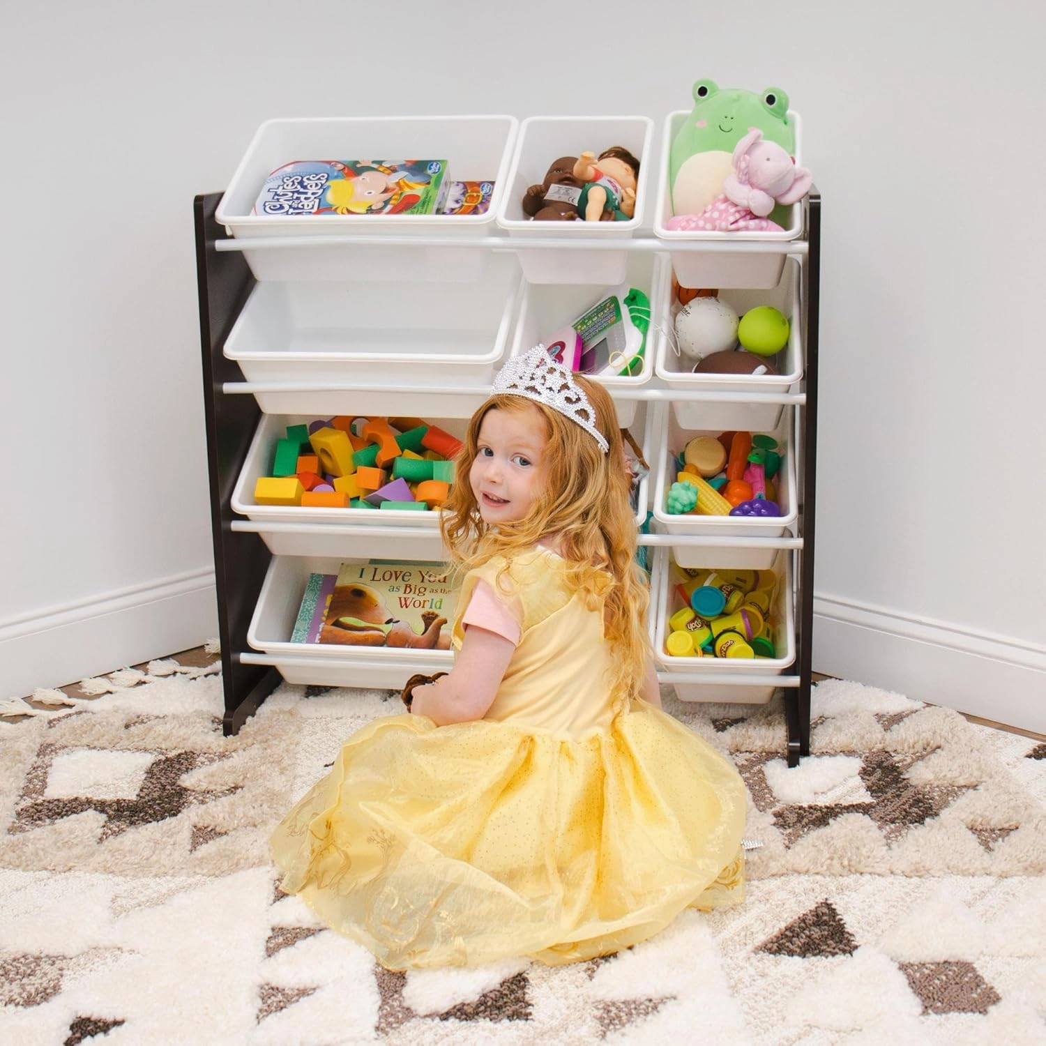 Humble Crew Modern Toy Organizer with 12 Bins, Espresso/White