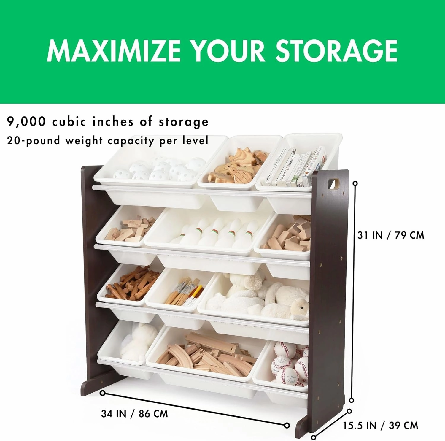 Humble Crew Modern Toy Organizer with 12 Bins, Espresso/White