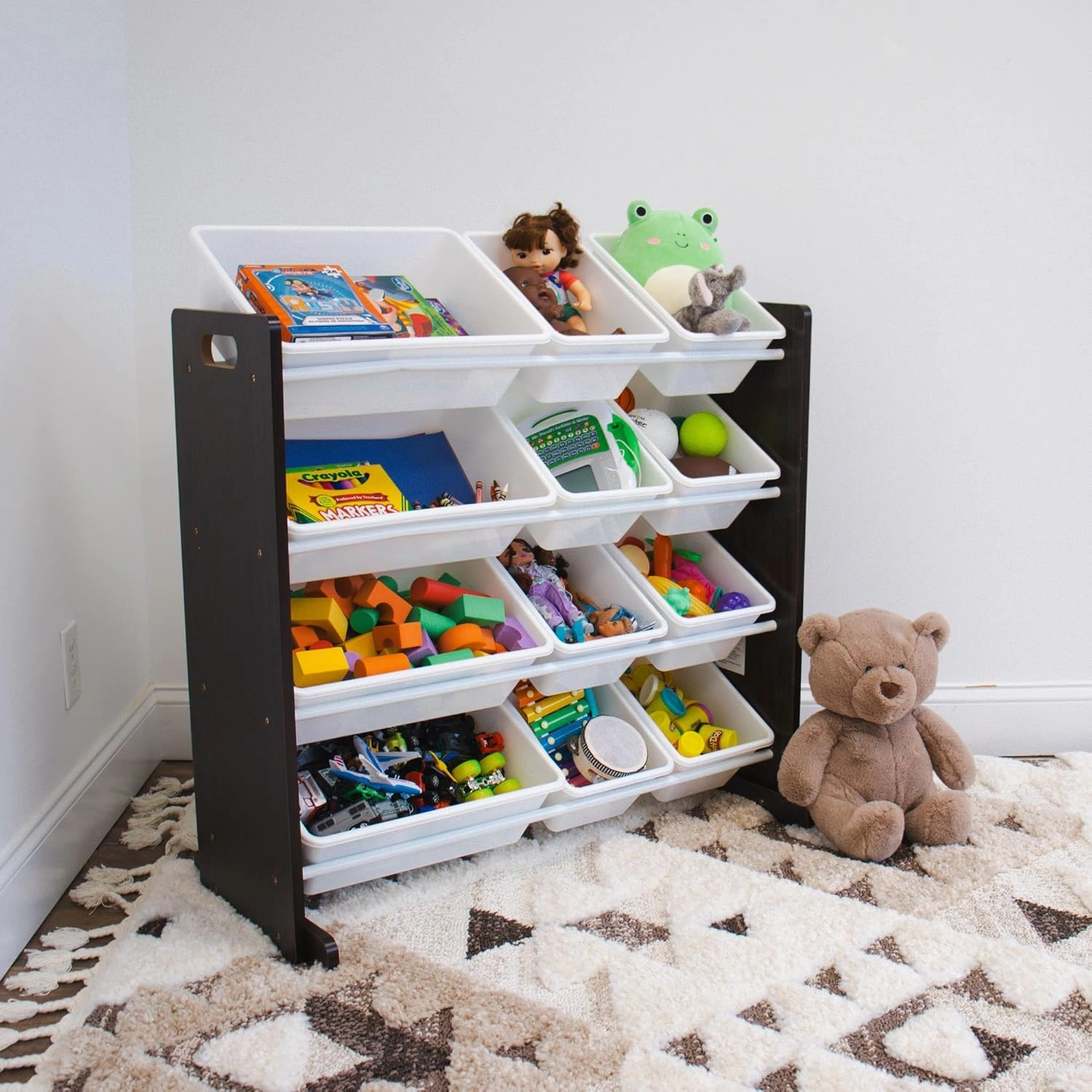 Humble Crew Modern Toy Organizer with 12 Bins, Espresso/White
