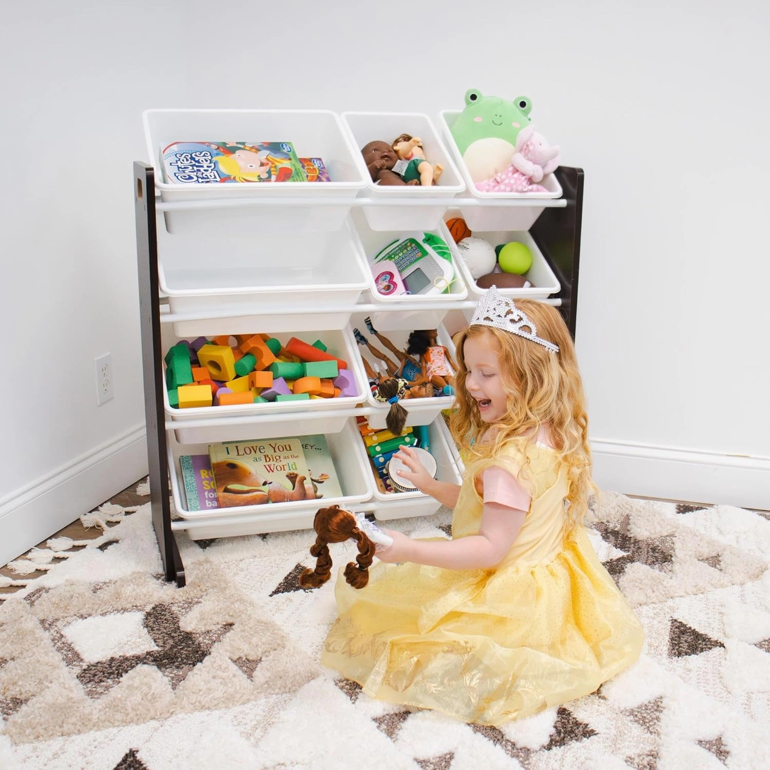 Humble Crew Modern Toy Organizer with 12 Bins, Espresso/White