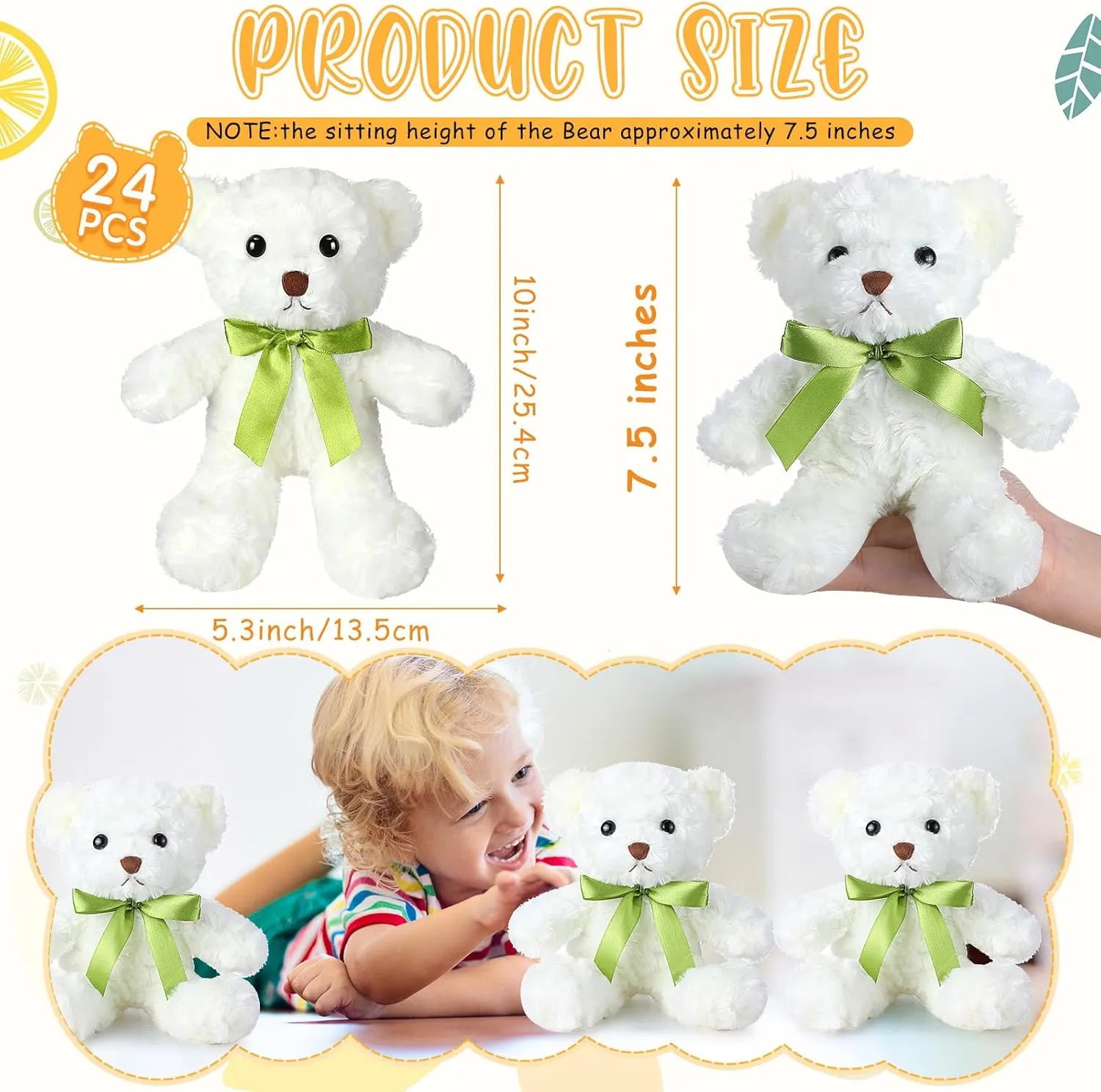 Hungdao 24 Pcs Bear Bulk Plush Stuffed Animals 10 Inch Cute Soft Stuffed Bear with Green Bow for Baby Shower Birthday Party Gift (White)