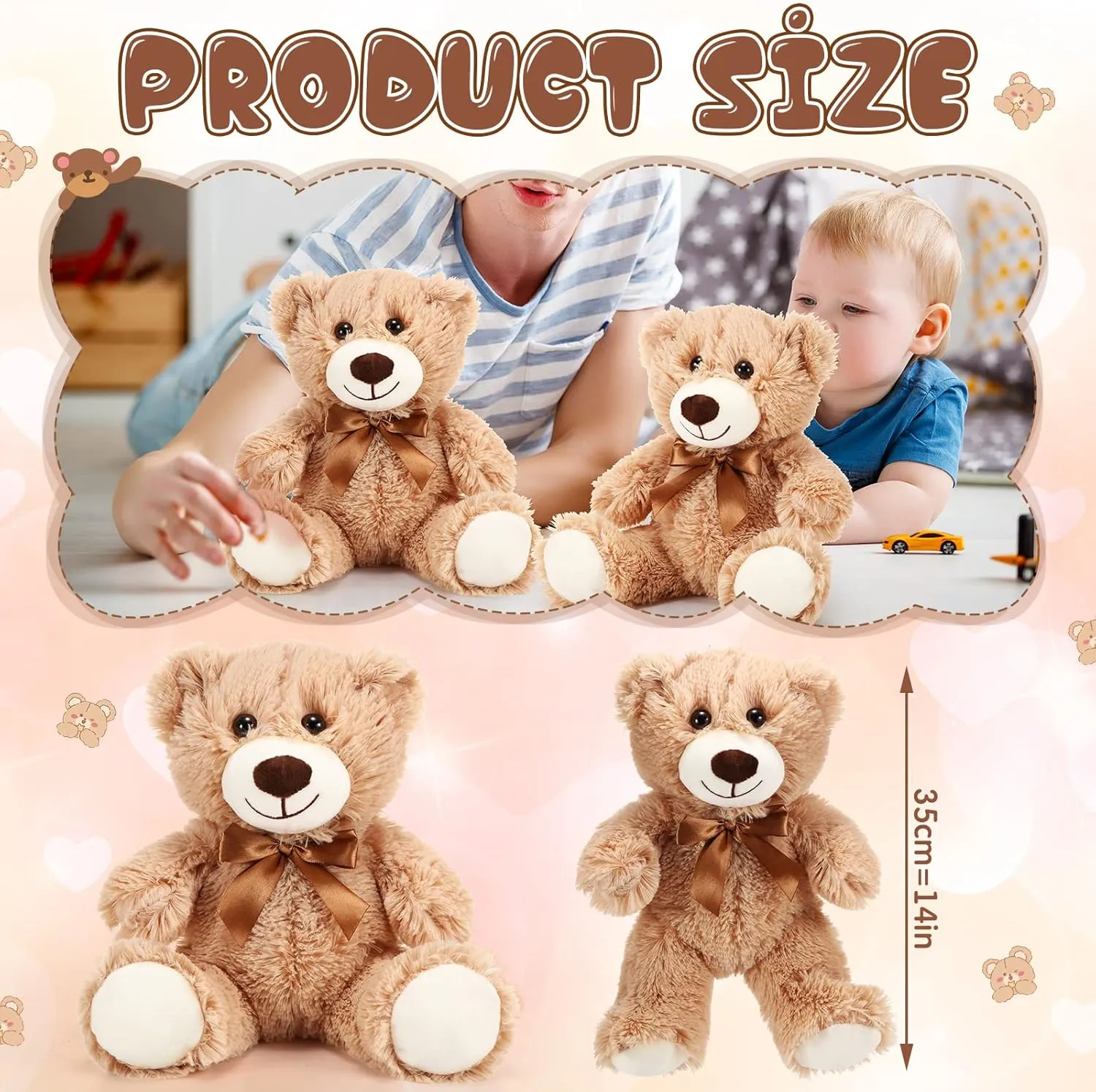 HyDren 12 Pieces Valentines Bears Stuffed Animals Soft Plush Toy Bears for Birthday Party Easter Wedding Baby Shower Christian Charity Donation Supplies(Light Brown)