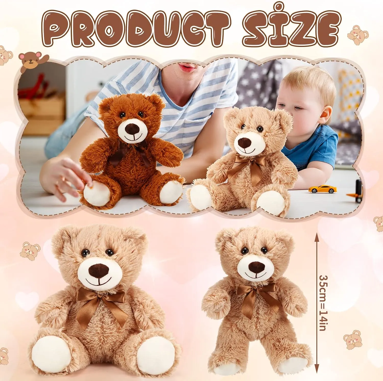 HyDren 12 Pieces Valentines Bears Stuffed Animals Soft Plush Toy Bears for Birthday Party Easter Wedding Baby Shower Christian Charity Donation Supplies(White, Brown, Khaki)