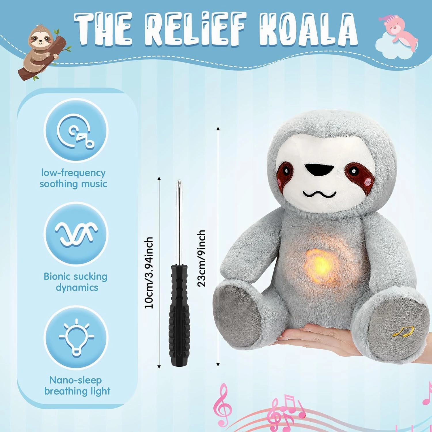 HyDren Breathing Stuffed Animal 9 inch Calming Soothers for Sleep Heartbeat Plush for Anxiety with Music Lights and Rhythmic Breathing Motion Anxiety Relief Portable Plush Sound Machine(Sloth)