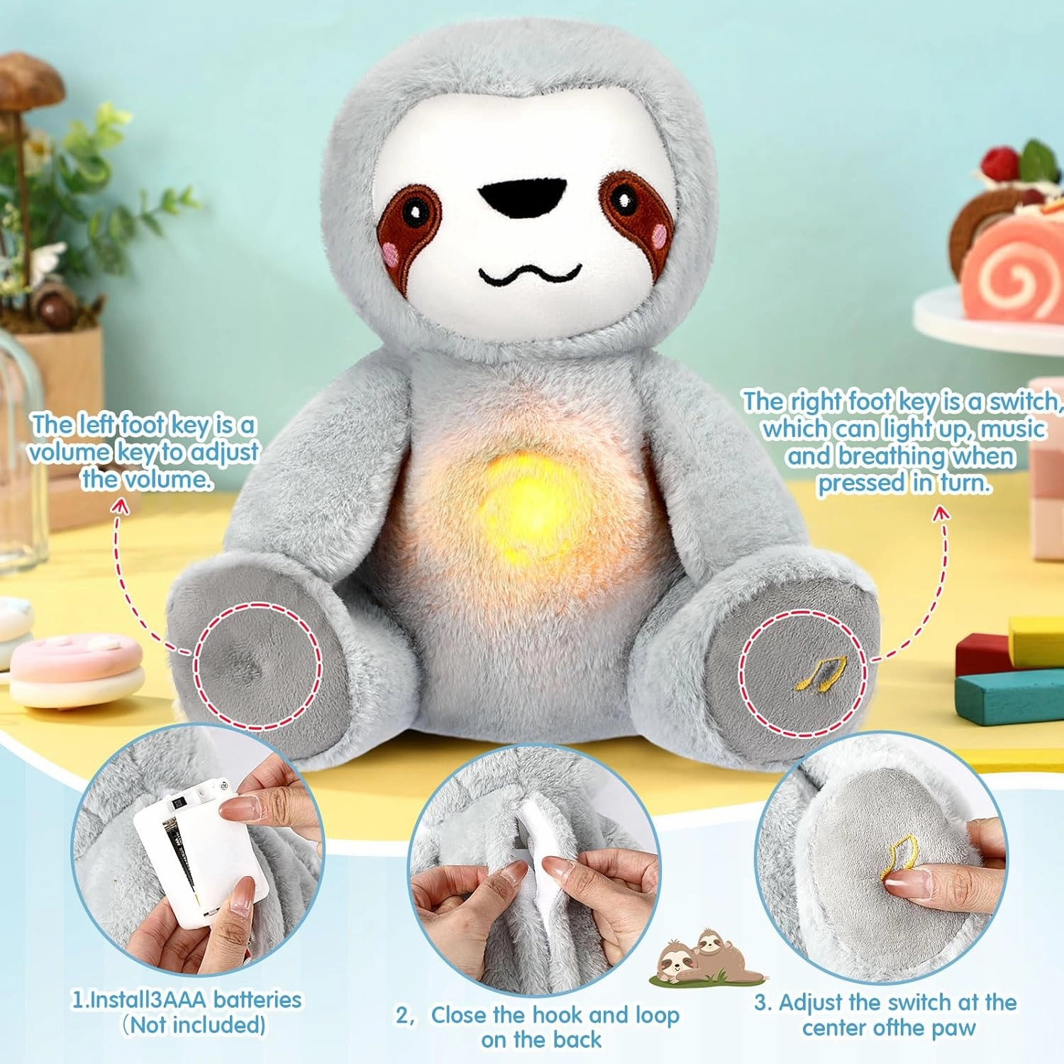 HyDren Breathing Stuffed Animal 9 inch Calming Soothers for Sleep Heartbeat Plush for Anxiety with Music Lights and Rhythmic Breathing Motion Anxiety Relief Portable Plush Sound Machine(Sloth)