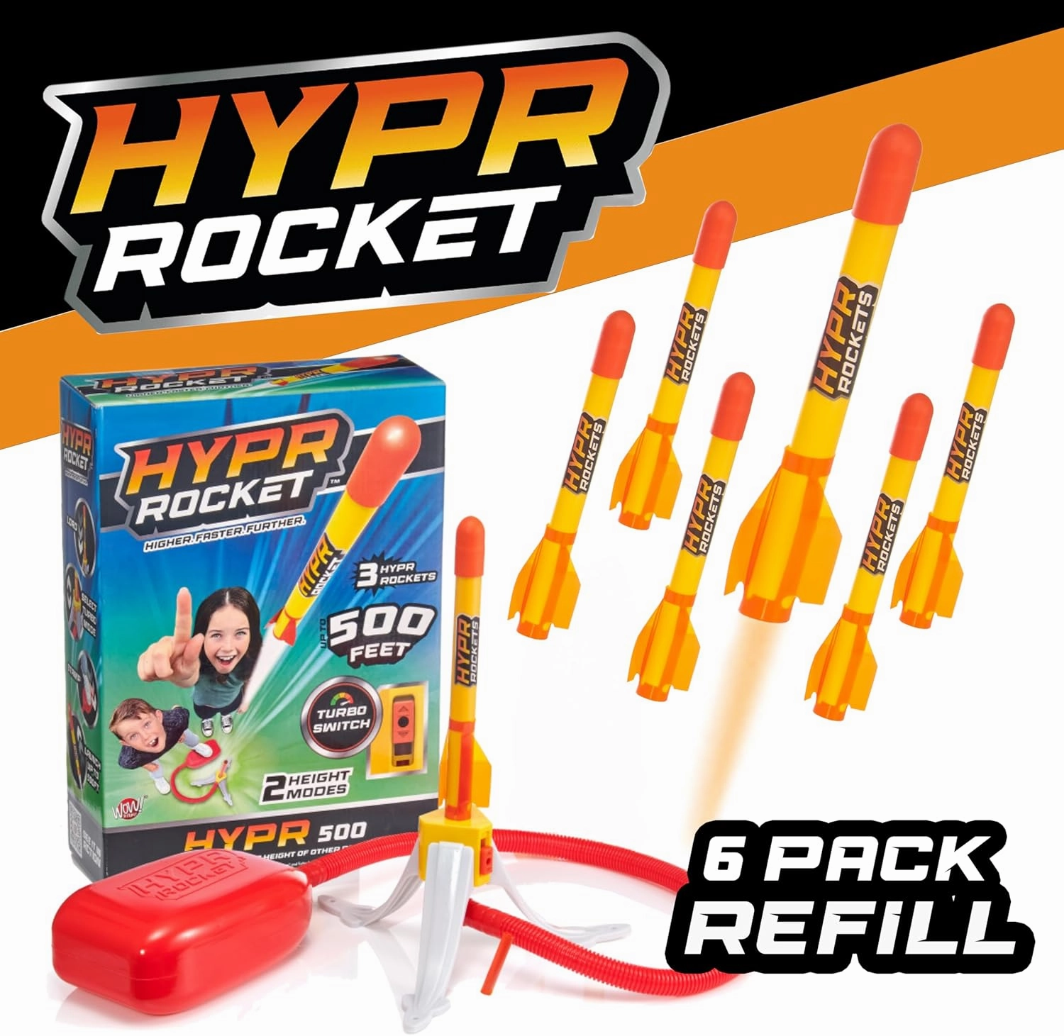 Hypr Rocket Launcher Original Refill Pack – 6 Patented Designed Rockets Only, Aerodynamic Rocket Head, High-Performance Fins, Soars 500 Feet, Durable, Outdoor Toy for Kids, Christmas/Birthday Gifts