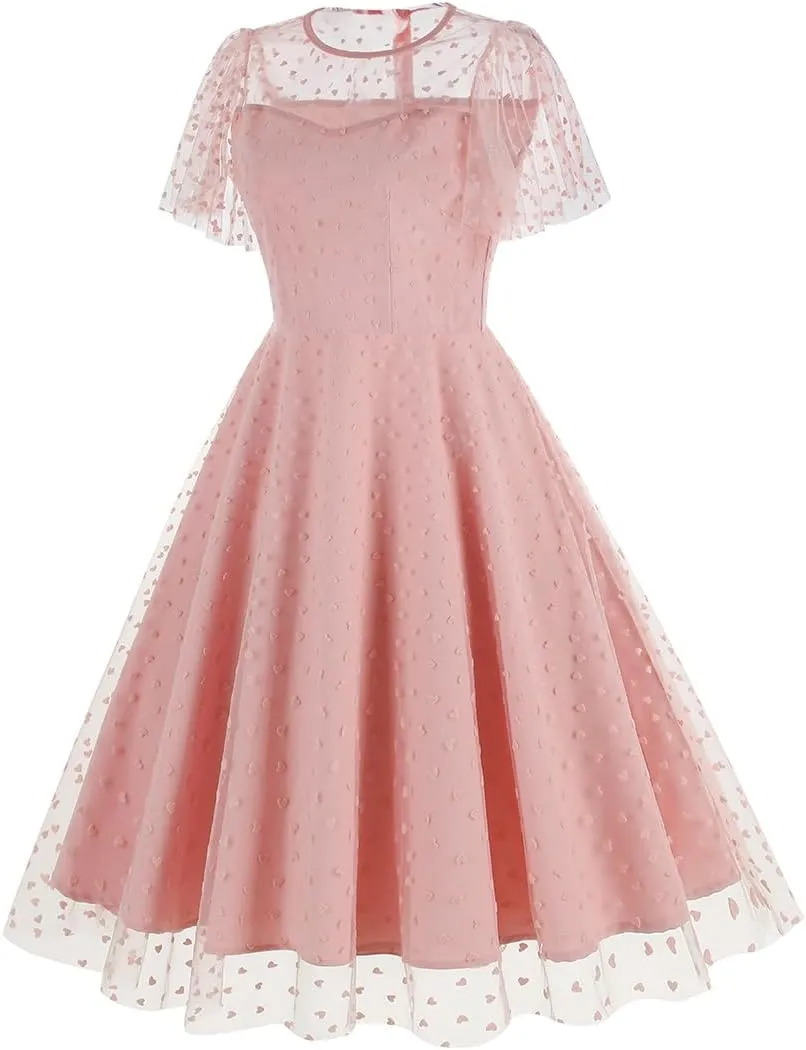 IBTOM CASTLE Women's 1950s Vintage Dress Short Sleeve Heart Print Mesh Retro Evening Prom Cocktail Party Swing A Line Dress