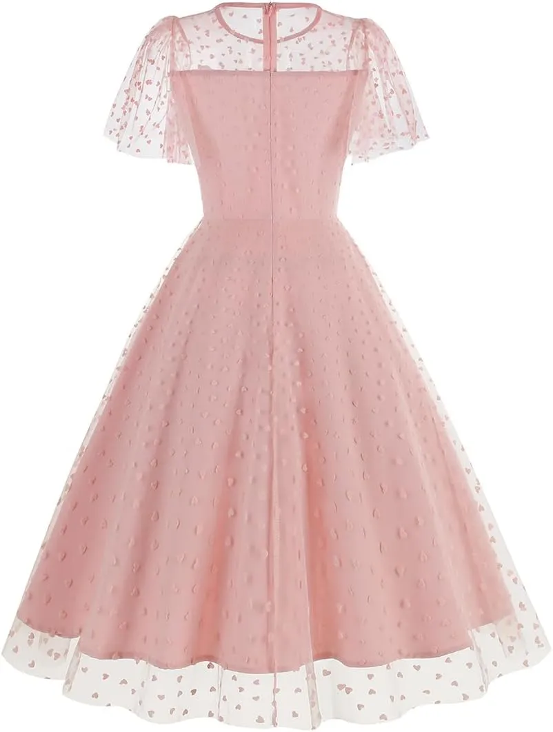 IBTOM CASTLE Women's 1950s Vintage Dress Short Sleeve Heart Print Mesh Retro Evening Prom Cocktail Party Swing A Line Dress