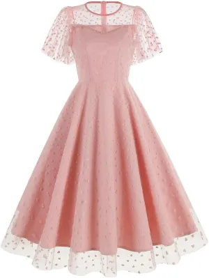 IBTOM CASTLE Women's 1950s Vintage Dress Short Sleeve Heart Print Mesh Retro Evening Prom Cocktail Party Swing A Line Dress