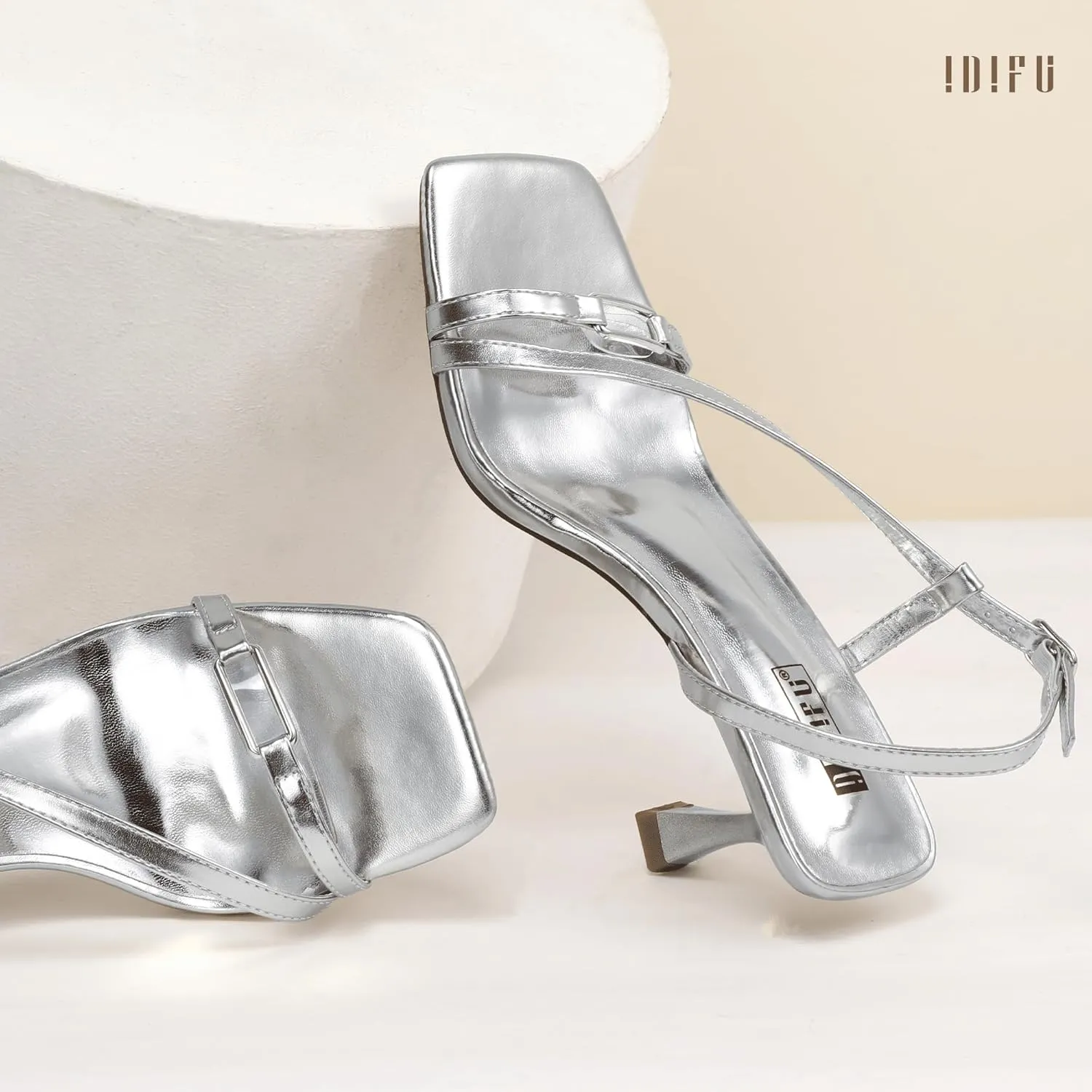 IDIFU IN3 Kitten Heels Strappy Slingback Open Square Toe Short Low Small Heeled Sandals Wedding Bridal Prom Bride Bridesmaid Dress Shoes For Women Comfortable Work Cute Trendy Fashion Heels