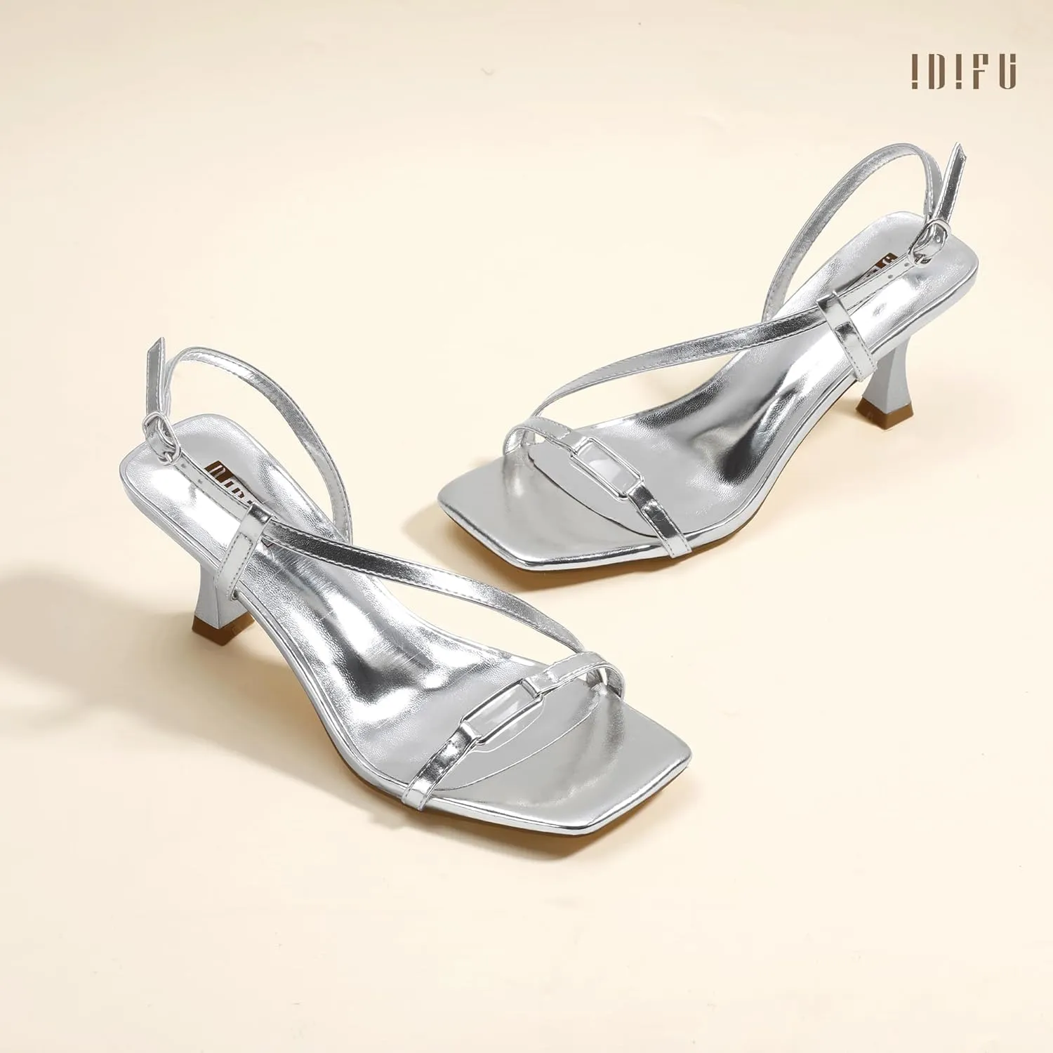 IDIFU IN3 Kitten Heels Strappy Slingback Open Square Toe Short Low Small Heeled Sandals Wedding Bridal Prom Bride Bridesmaid Dress Shoes For Women Comfortable Work Cute Trendy Fashion Heels