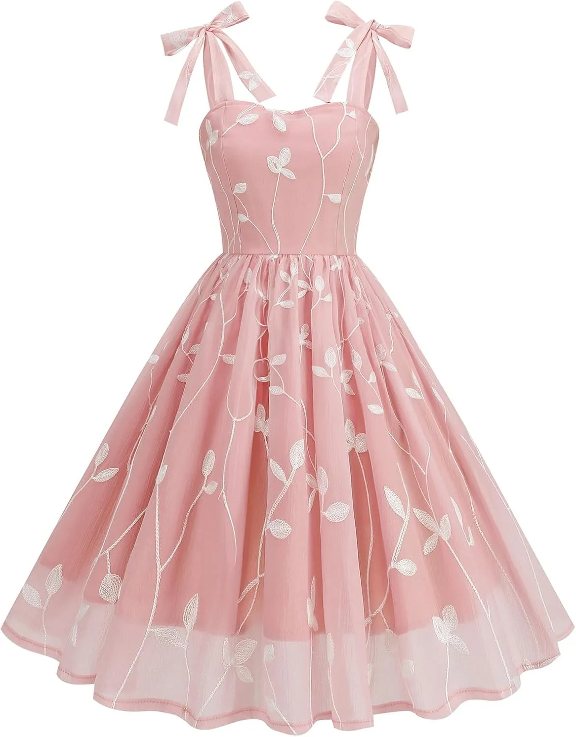 IDOPIP Women Vintage Bowknot Swing Dress Elegant Leaf Embroidery Mesh Dress 1950s Retro Cocktail Prom Gown Formal Midi Dress