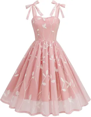 IDOPIP Women Vintage Bowknot Swing Dress Elegant Leaf Embroidery Mesh Dress 1950s Retro Cocktail Prom Gown Formal Midi Dress