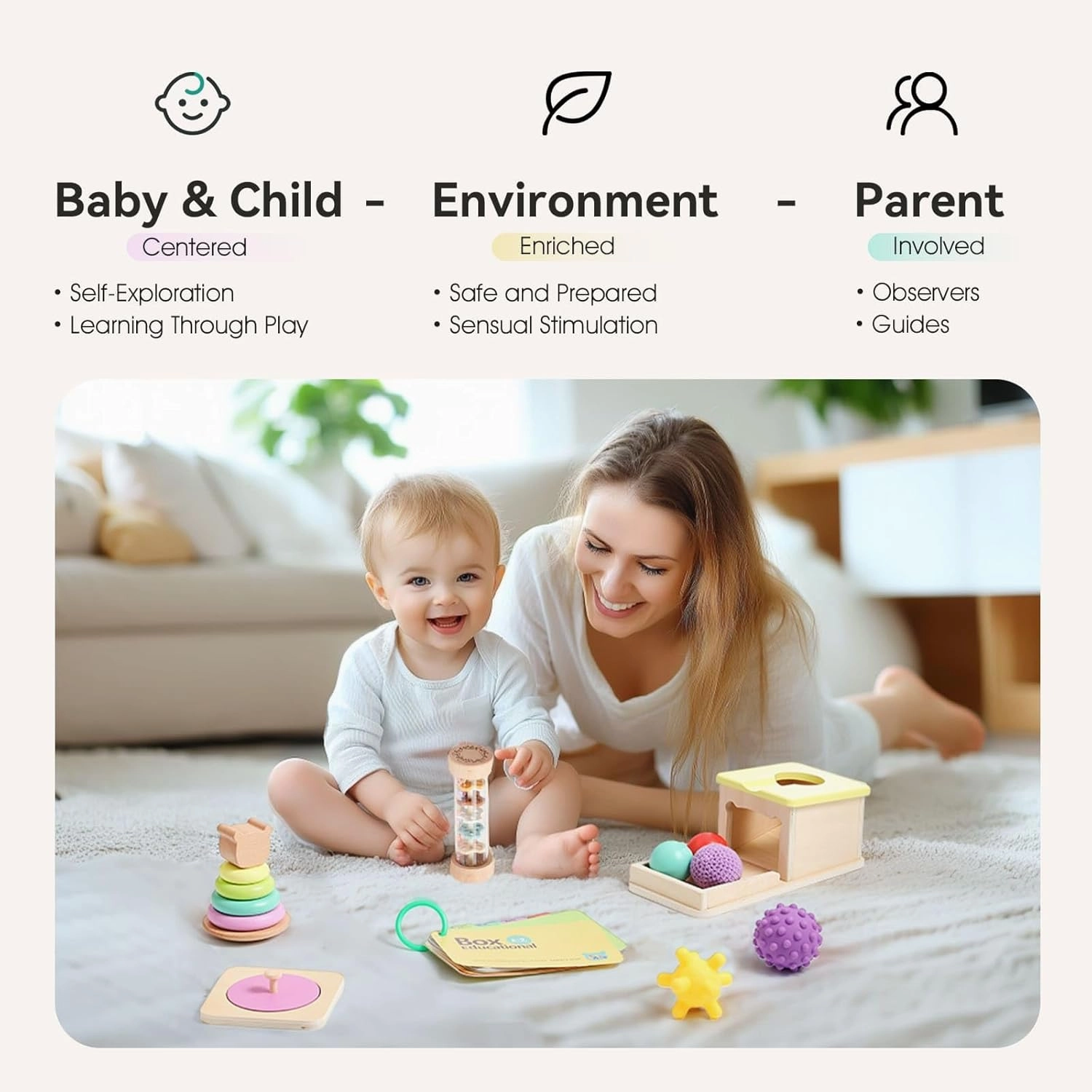 IEATFO Montessori Toys for Babies 6-9 Months, 7-in-1 Wooden Playful Learning Toys with Rainmaker, Multi Sensory Ball, Object Performance Box, Stacking & Nesting Rings, Mirro Knob Puzzle and More