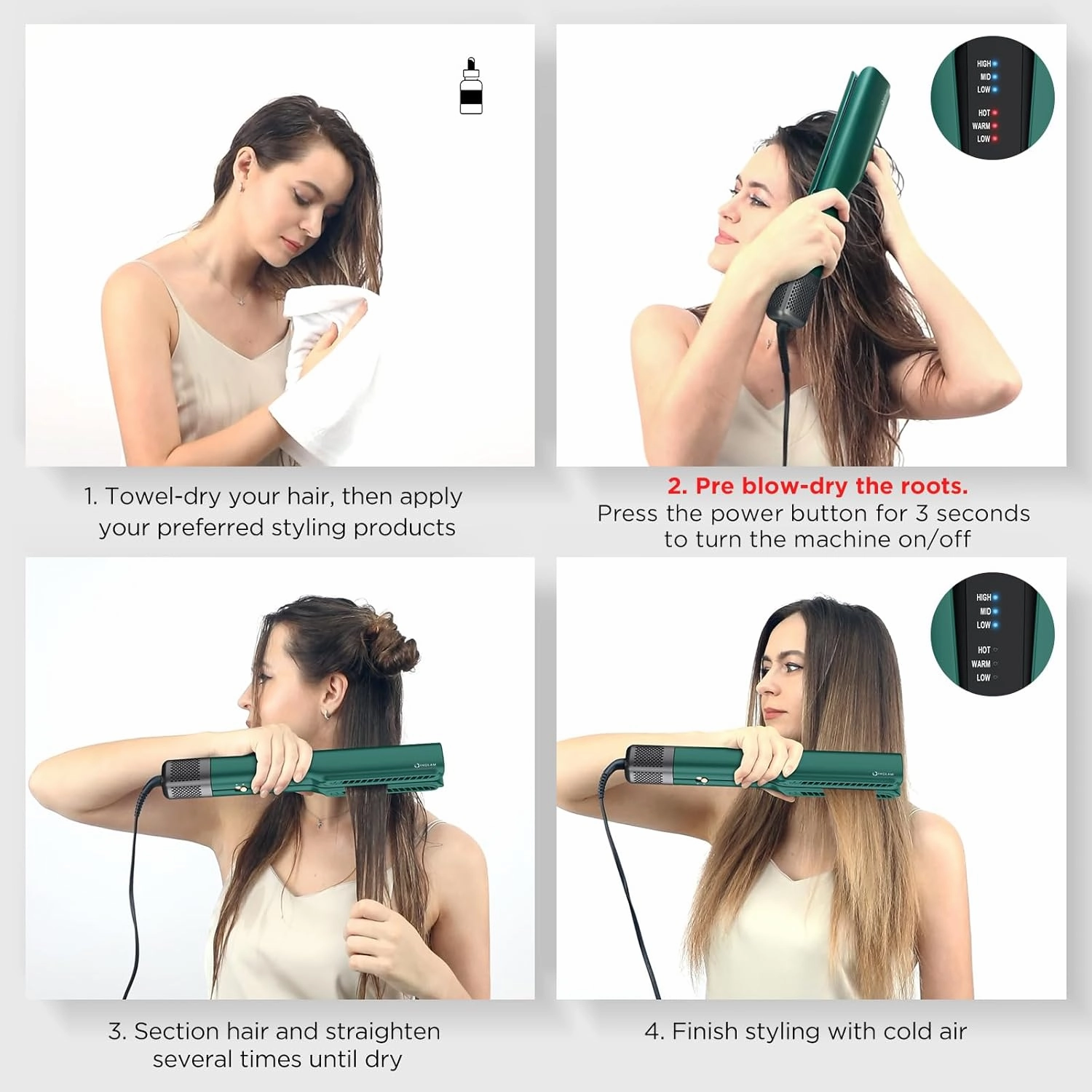 IG INGLAM Air Straight, Style from Wet Hair, 200M Ionic Dryer Straightener for Medium Long Hair (14'-30'), 2 in 1 Fast Drying and Straightening, Dark Green