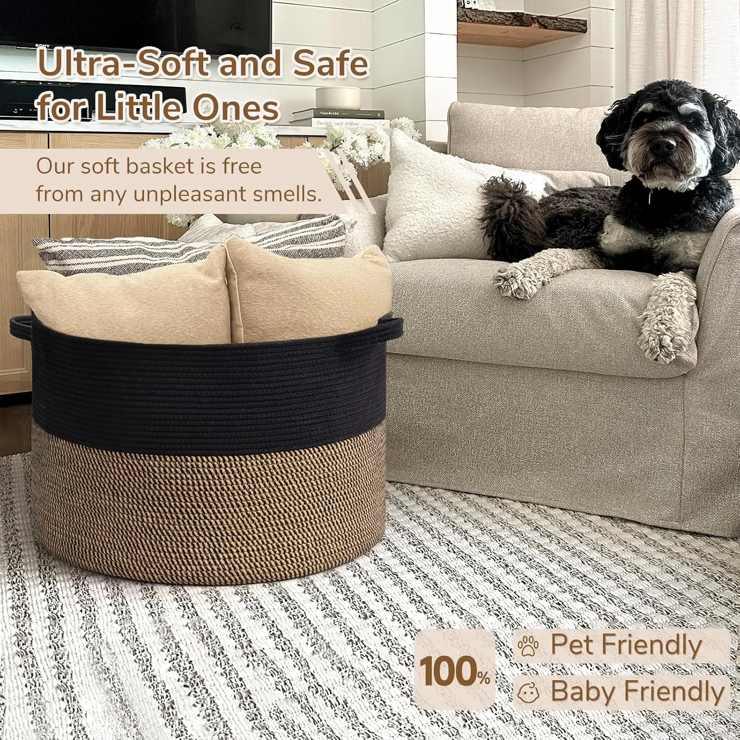 INDRESSME Large Storage Baskets for Organizing, 21.7 x 13.8 Blanket Basket Living Room Dog Toy Bin, Woven Laundry Basket for Dirty Clothes, Pillows, Towel, 90L Mix Black