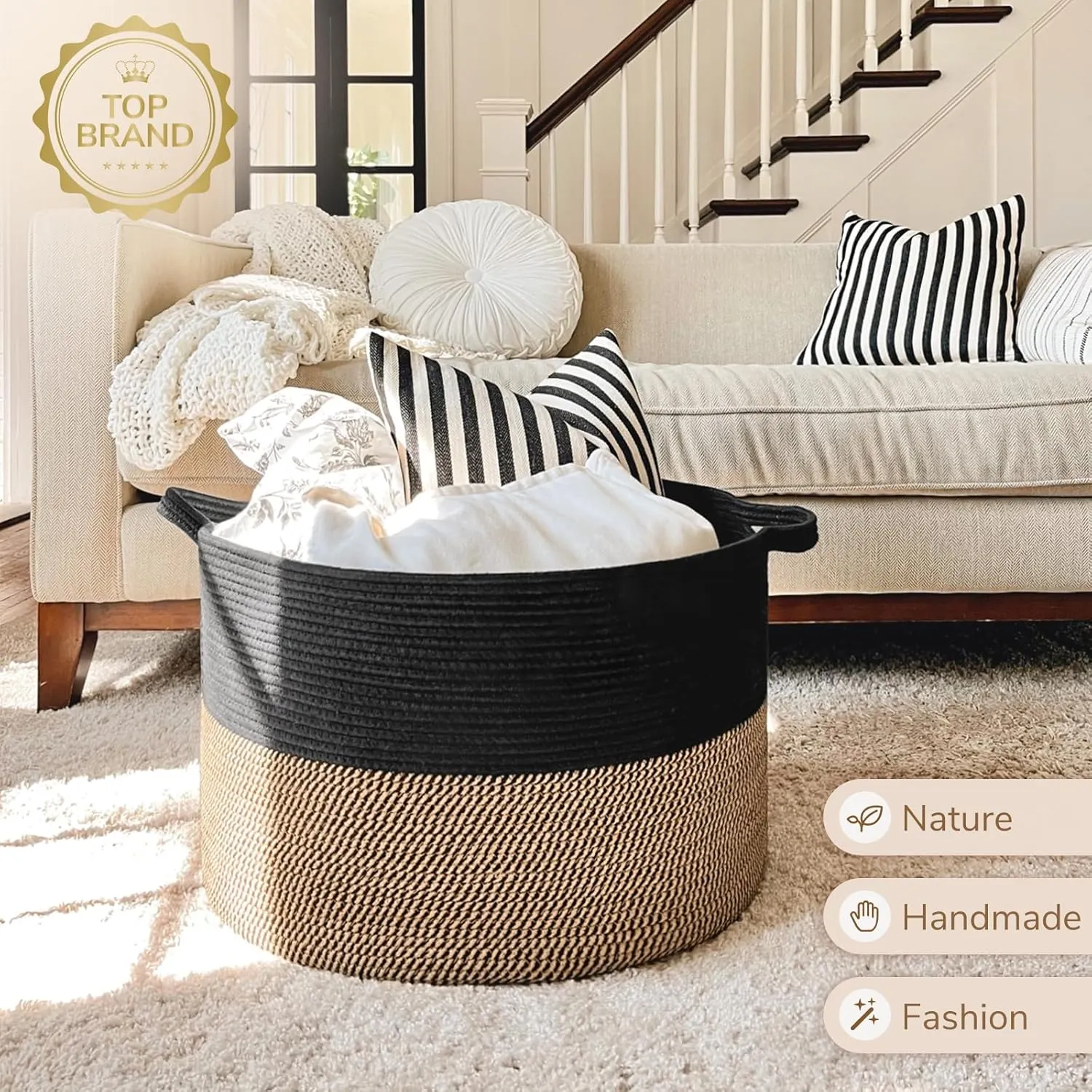 INDRESSME Large Storage Baskets for Organizing, 21.7 x 13.8 Blanket Basket Living Room Dog Toy Bin, Woven Laundry Basket for Dirty Clothes, Pillows, Towel, 90L Mix Black
