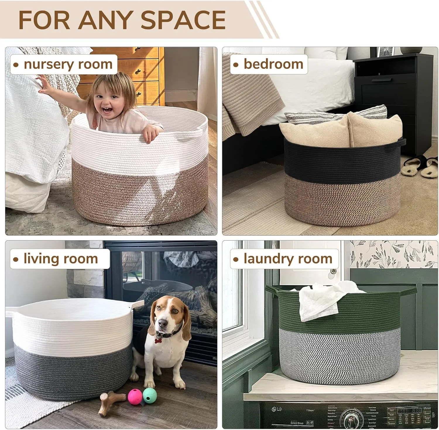 INDRESSME Large Storage Baskets for Organizing, 21.7 x 13.8 Blanket Basket Living Room Dog Toy Bin, Woven Laundry Basket for Dirty Clothes, Pillows, Towel, 90L Mix Black
