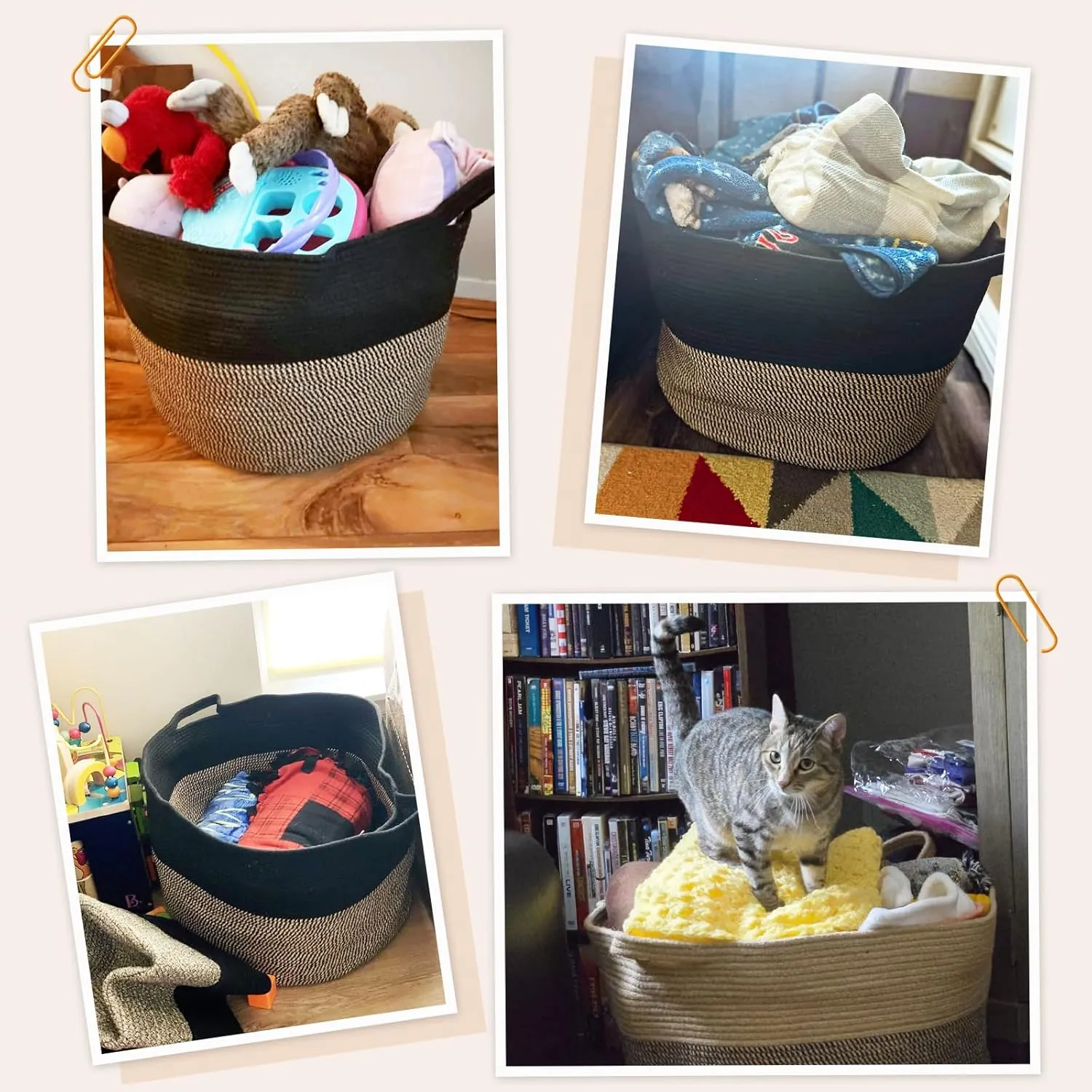 INDRESSME Large Storage Baskets for Organizing, 21.7 x 13.8 Blanket Basket Living Room Dog Toy Bin, Woven Laundry Basket for Dirty Clothes, Pillows, Towel, 90L Mix Black