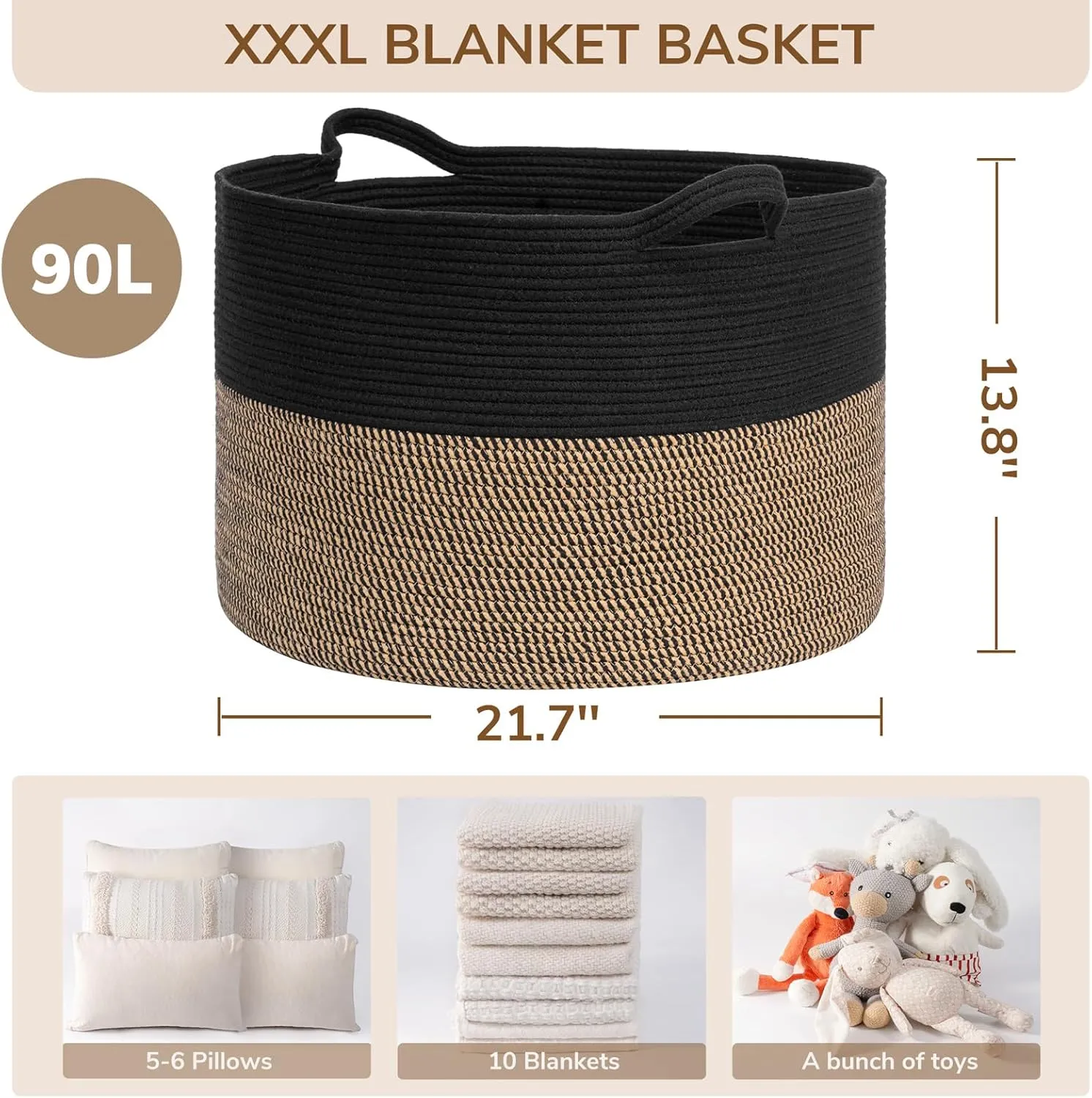 INDRESSME Large Storage Baskets for Organizing, 21.7 x 13.8 Blanket Basket Living Room Dog Toy Bin, Woven Laundry Basket for Dirty Clothes, Pillows, Towel, 90L Mix Black