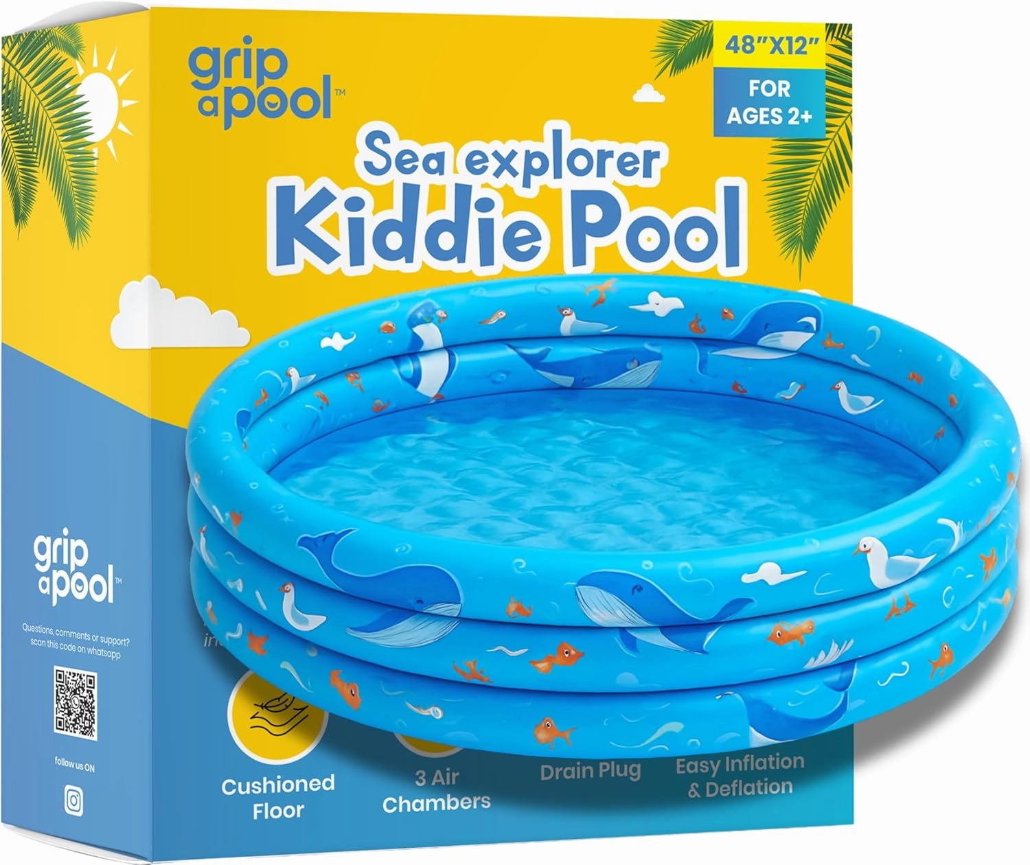 Inflatable Kiddie Pool for Toddlers, 48"X12" Round Plastic Blow Up Kids Swimming Pool, Outdoor Water Play, Ball Pit Toys for Kids Age 2 3 4 5, Summer Essential Baby Splash Pools with Cushioned Floor